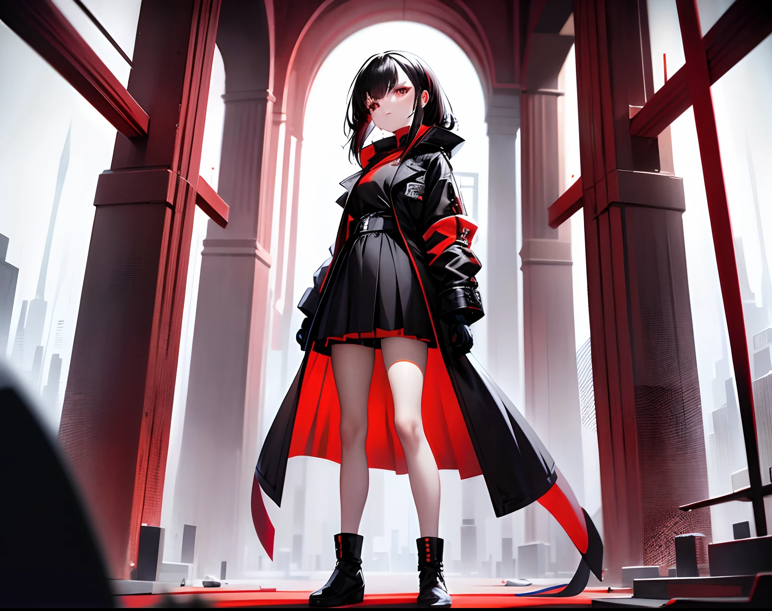 1girll，long leges，Red and black shirts，Red and black skirt，Red and black mechanical windproof boots，Large red and black trench coat，Long black hair，red color eyes，stand posture，Black two-fingered gloves，HighestQuali,4K，the detail，HighestQuali，Red particles，Red，bloods，eventide，Red machete
