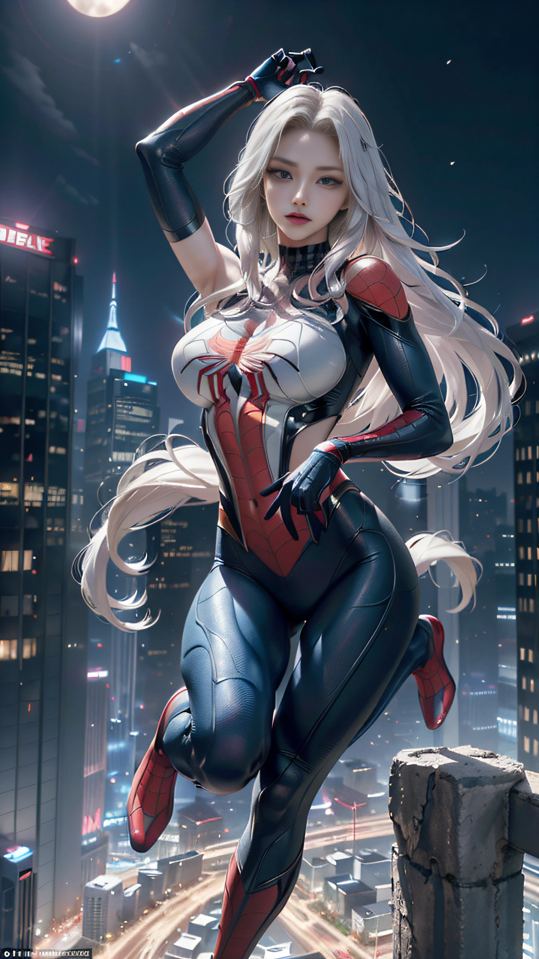 (Masterpiece, 4k resolution, ultra-realistic, very detailed), (White superhero theme, charismatic, there's a girl on top of town, wearing Spider-Man costume, she's a superhero), [ ((25 years), (long white hair:1.2), full body, (blue eyes:1.2), ((Spider-Man pose),show of strength, jumping from one building to another), ((sandy urban environment):0.8)| (cityscape, at night, dynamic lights), (full moon))] # Explanation: The Prompt mainly describes a 4K painting of ultra-high definition, very realistic, very detailed. It shows a superheroine at the top of the city, wearing a Spider-Man costume. The theme in the painting is a white superhero theme, the female protagonist has long white hair, is 25 years old and her entire body is shown in the painting. In terms of portraying the actions of superheroines, spiders are employed