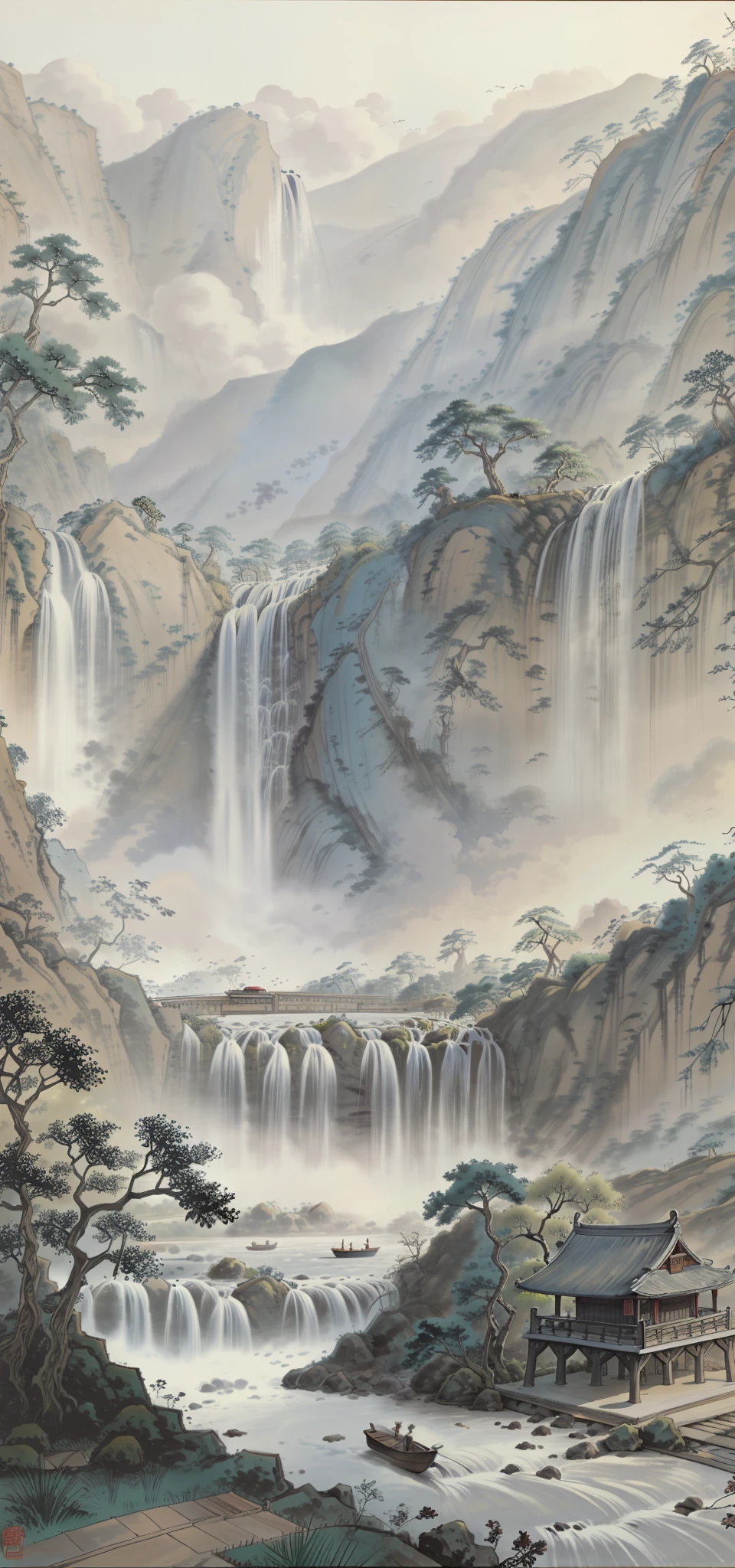 Chinese landscape painting,big trees,Stone waterfall,flowingwater,Far Tree,weeds,small boats,jetty,Sky blank clouds,Five or six farmhouses