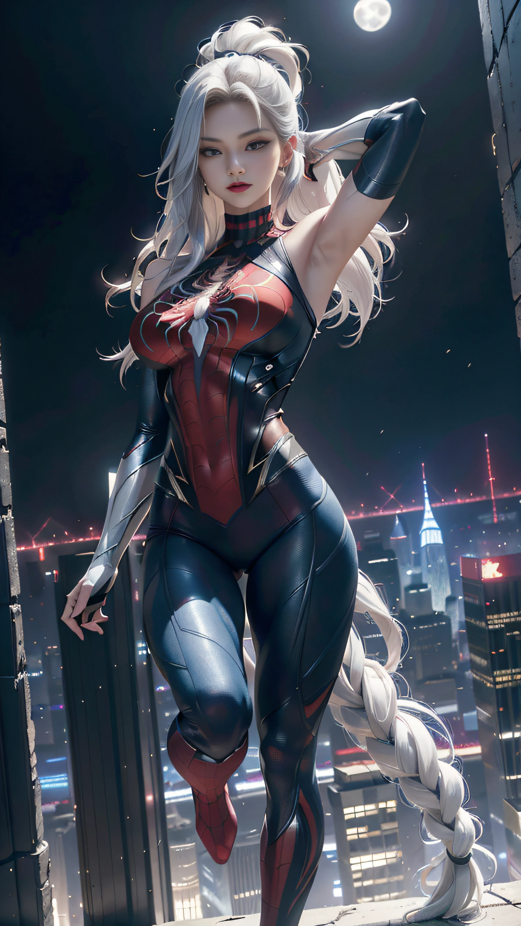 (Masterpiece, 4k resolution, ultra-realistic, very detailed), (White superhero theme, charismatic, there's a girl on top of town, wearing Spider-Man costume, she's a superhero), [ ((25 years), (long white hair:1.2), full body, (blue eyes:1.2), ((Spider-Man pose),show of strength, jumping from one building to another), ((sandy urban environment):0.8)| (cityscape, at night, dynamic lights), (full moon))] # Explanation: The Prompt mainly describes a 4K painting of ultra-high definition, very realistic, very detailed. It shows a superheroine at the top of the city, wearing a Spider-Man costume. The theme in the painting is a white superhero theme, the female protagonist has long white hair, is 25 years old and her entire body is shown in the painting. In terms of portraying the actions of superheroines, spiders are employed