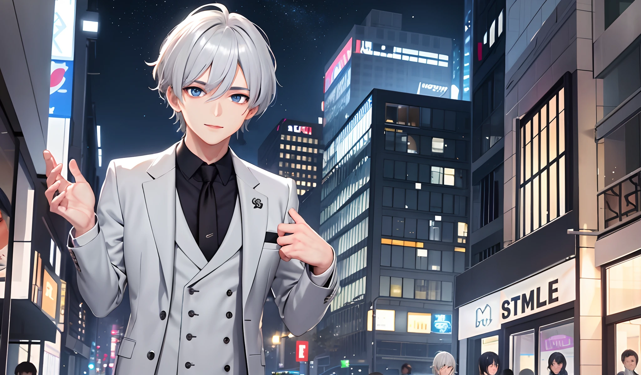 1 boy,silber hair,Handsome,anime big breast,Cracked eyelid hairstyle,Handsome,年轻,Business suit,the night,ssmile,High Street