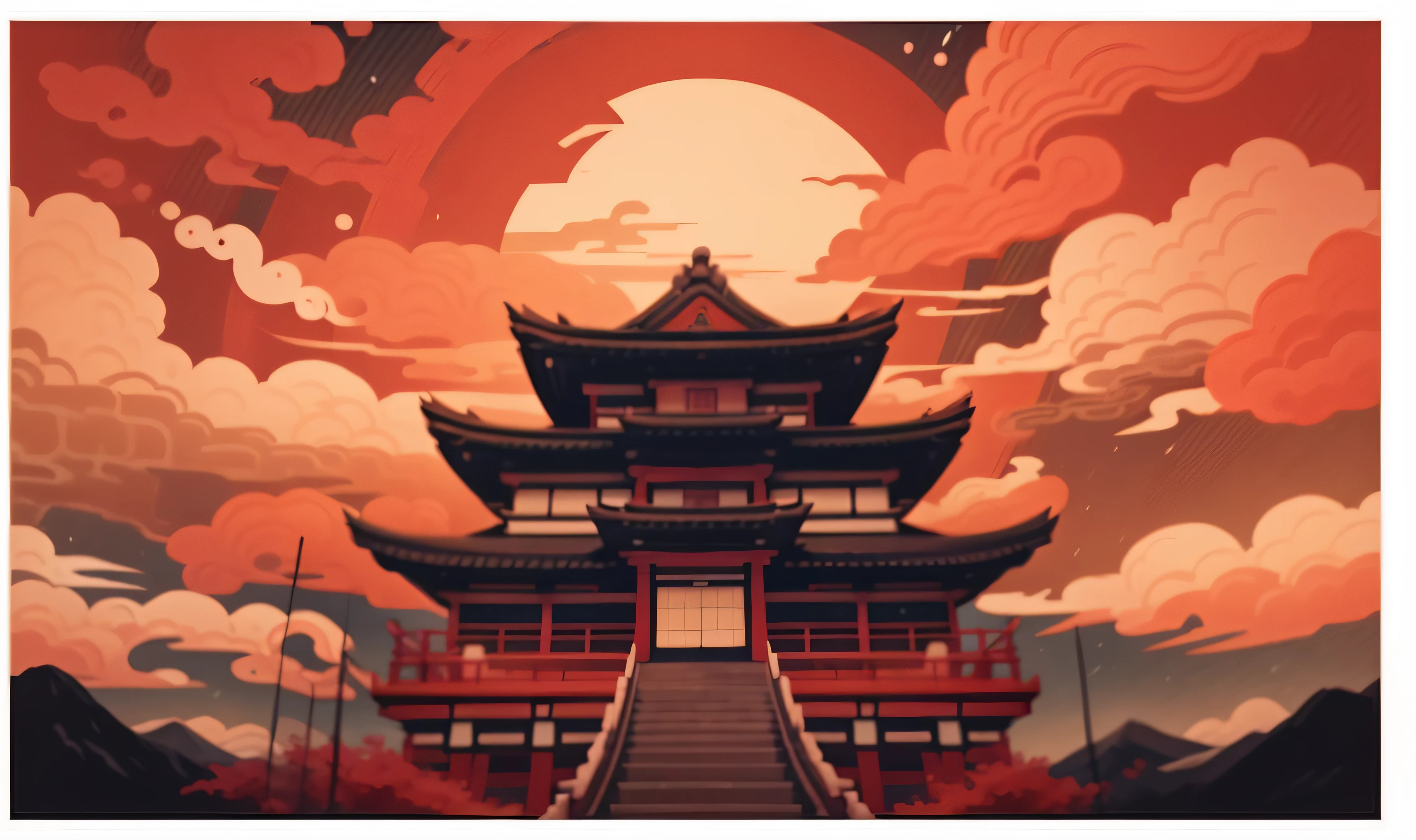 Close-up of a building with sky background and clouds, Japanese art style, Zen temple background, digital painting of a pagoda, Inspired by Yoshida Hanbei, in the art style of ukiyo - e, japanese temples, oriental wallpaper, Inspired by Torii Kiyomasu, Cloud Palace, Temple background, japanese temples, Japanese style painting, kyoto inspired