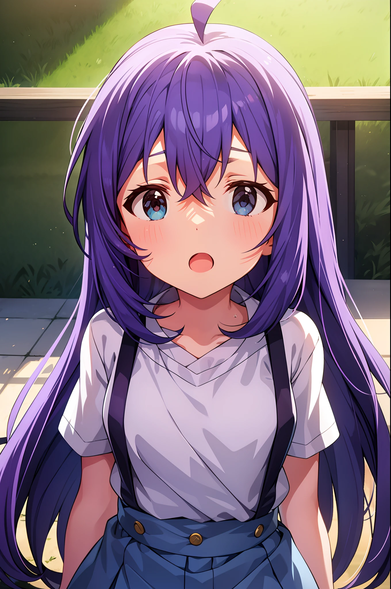 mochizuki anna,1girl in,Solo,Long hair,Purple hair,Medium chest.Ahoge,Blue eyes.Short stature.white t-shirts.suspenders.Skirt.Evening glow.the setting sun.Despair face.Sweat.Opening Mouth.up chest.Fighting stance.