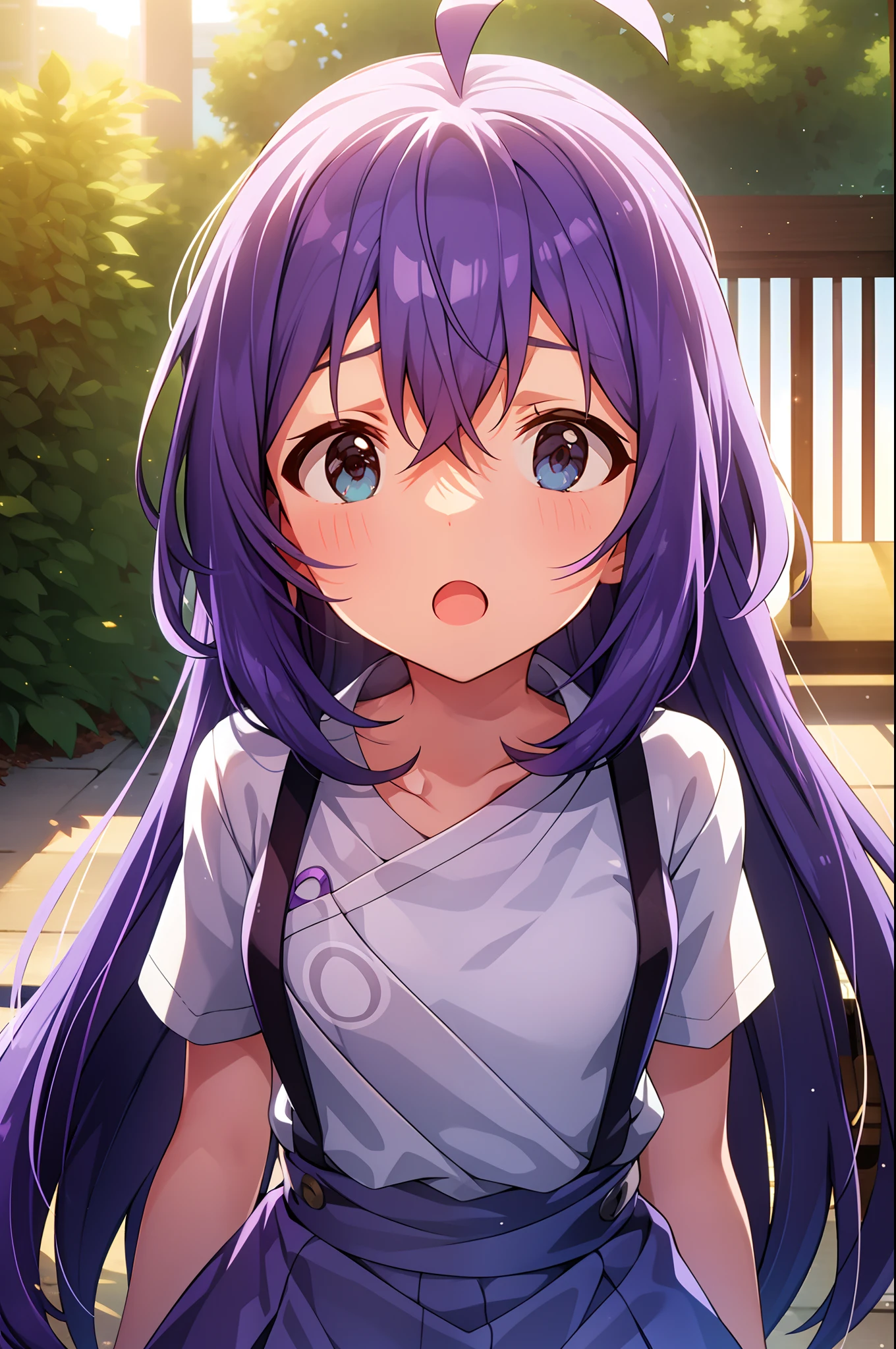 mochizuki anna,1girl in,Solo,Long hair,Purple hair,Medium chest.Ahoge,Blue eyes.Short stature.white t-shirts.suspenders.Skirt.Evening glow.the setting sun.Despair face.Sweat.Opening Mouth.up chest.Fighting stance.