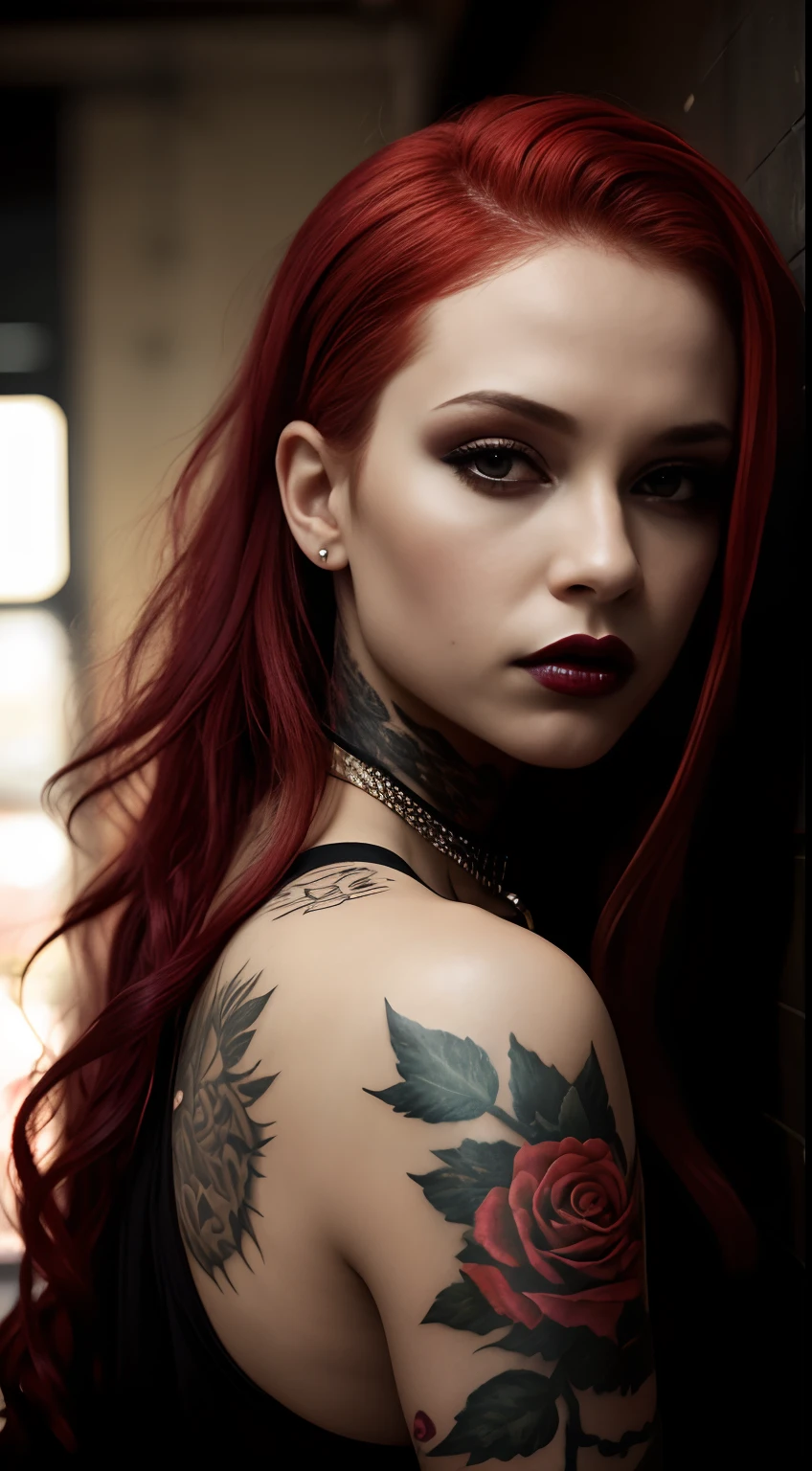 Malicious woman with red hair and tattoos posing in a bathroom, a portrait inspired by Louis Grell, tumblr, gothic art, gothic horror vibes, gothcore, goth girl, goth aesthetic, goth girl aesthetic, gothic aesthetic, dressed in crustpunk clothing, very beautiful goth top model, 1 7 -  - old h girl, goth asthetics,((slim, petite)), photorealistic, photo, masterpiece, realistic, realism, photorealism, high contrast, photorealistic digital art trending on Artstation 8k HD high definition detailed realistic, detailed, skin texture, hyper detailed, realistic skin texture, armature, best quality, ultra high res, (photorealistic:1.4),, high resolution, detailed, raw photo, sharp re, by lee jeffries nikon d850 film stock photograph 4 kodak portra 400 camera f1.6 lens rich colors hyper realistic lifelike texture dramatic lighting unrealengine trending on artstation cinestill 800,