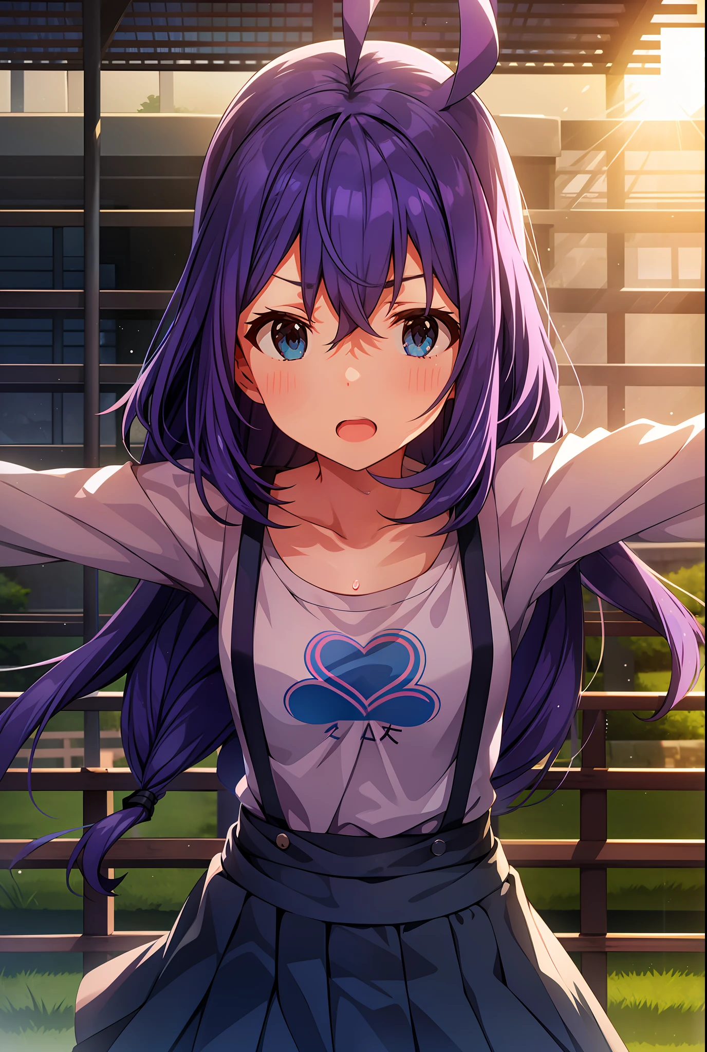 mochizuki anna,1girl in,Solo,Long hair,Purple hair,Medium chest.Ahoge,Blue eyes.Short stature.white t-shirts.suspenders.Skirt.Evening glow.the setting sun.Despair face.Sweat.Opening Mouth.up chest.Spread your arms.