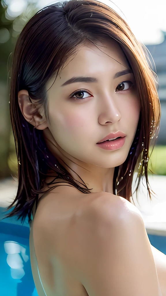 (Best quality, 8k, 32k, Masterpiece, UHD:1.2),Photo of Pretty Japanese woman, 1girl,side portrait, (large breasts:1.2), (tall female), (abs, slim figure:1.2), (lips), (medium-short dark brown hair), double eyelid, wet shirt, realistic ray light, pool
