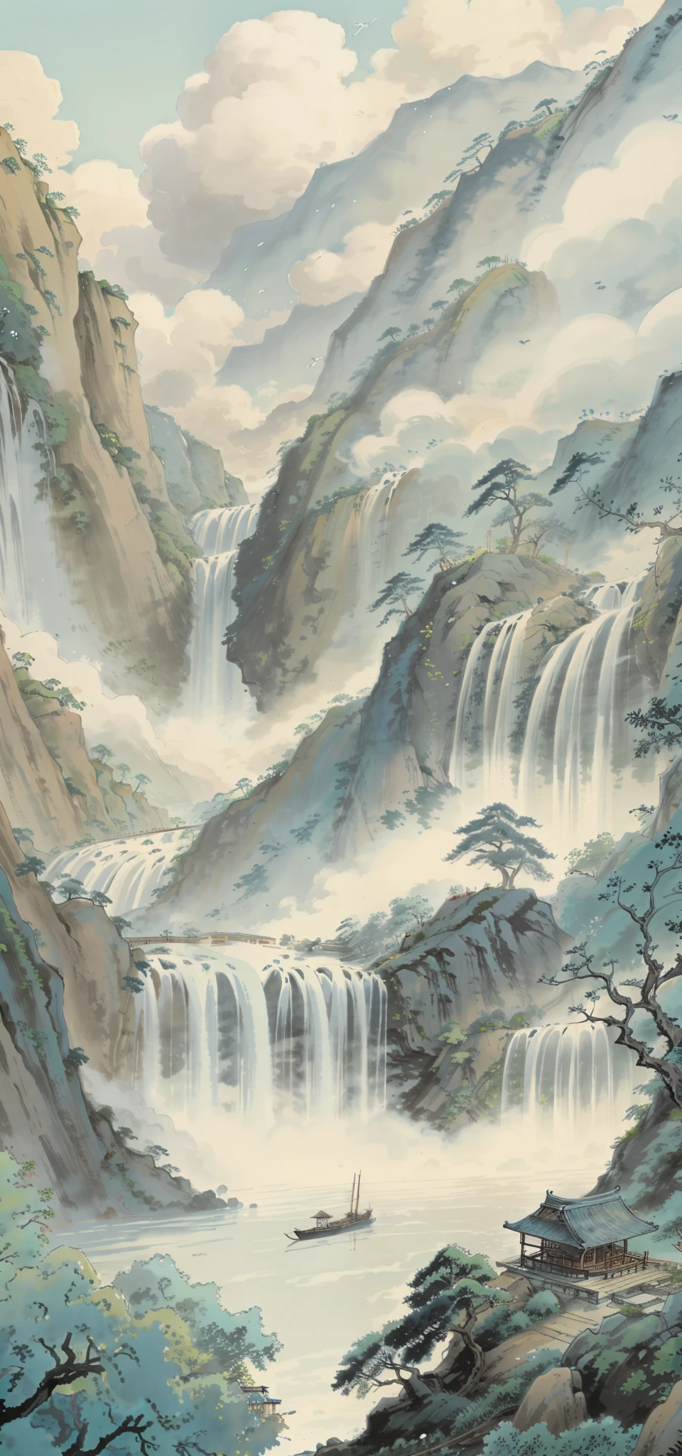 Chinese landscape painting,big trees,Stone waterfall,flowingwater,Far Tree,weeds,small boats,jetty,Sky blank clouds,Five or six farmhouses