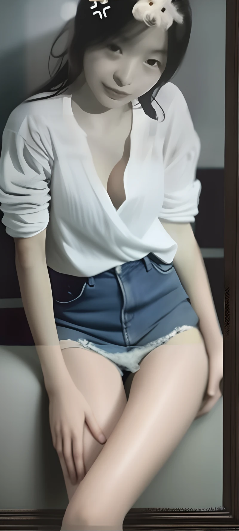 (Long legs,bare-legged,Slender hands on thighs)