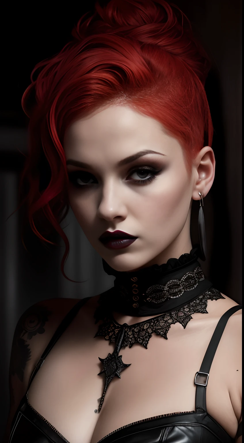 woman with red hair and tattoos posing in a bathroom, gothic horror vibes, gothcore, goth girl, goth aesthetic, goth girl aesthetic, gothic aesthetic, dressed in crustpunk clothing, very beautiful goth top model, 1 7 - year - old goth girl, goth asthetics, goth vibe, pale goth beauty, goth woman, gothic girl,((slim, petite)), photorealistic, photo, masterpiece, realistic, realism, photorealism, high contrast, photorealistic digital art trending on Artstation 8k HD high definition detailed realistic, detailed, skin texture, hyper detailed, realistic skin texture, armature, best quality, ultra high res, (photorealistic:1.4),, high resolution, detailed, raw photo, sharp re, by lee jeffries nikon d850 film stock photograph 4 kodak portra 400 camera f1.6 lens rich colors hyper realistic lifelike texture dramatic lighting unrealengine trending on artstation cinestill 800,