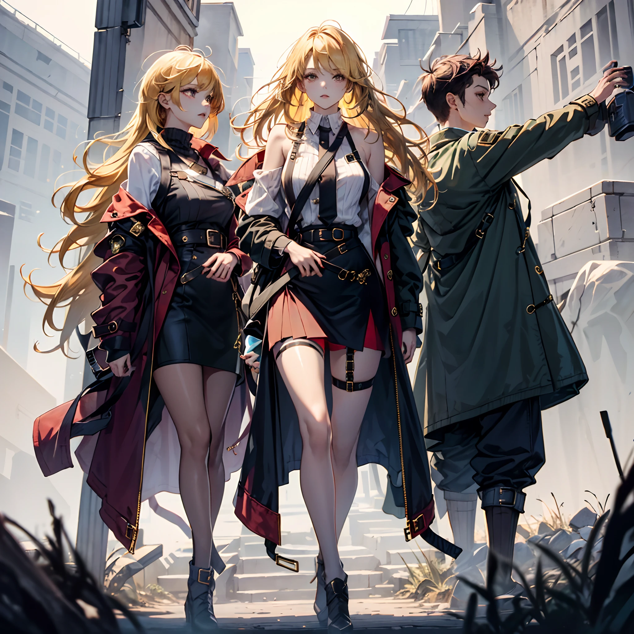 The coat worn by the girl is a trench coat，Wear a vest with thin white shoulder straps，Wear a thin sweater with long sleeves on the outside，The lower body is a soft material ultra-short tight narrow skirt, they are already beautiful，Plus slim figure、Slender legs and slender waist、Beautiful appearance and shameful look，Blonde hair dyed maroon。