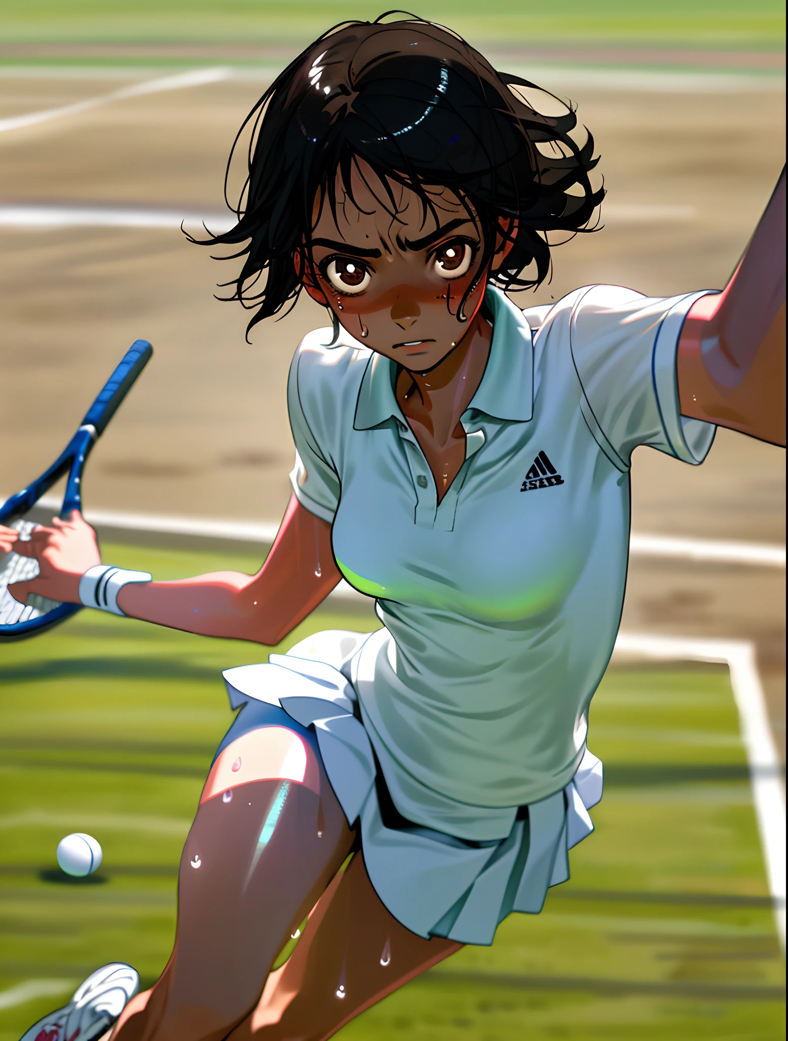 1girl, solo, white polo shirt, white sneakers, tennis wear, white miniskirt, masterpiece, best quality, realistic, hyper-detailed, (shiny skin, sweaty:1.4), absurd, looking at viewer, short black hair, brown eyes, slender, dynamic lighting, high resolution, sharp focus, depth of field, detailed eyes, sharp pupils, realistic pupils, (small breasts:1.6), (thick thighs:1.0), outdoor, sky