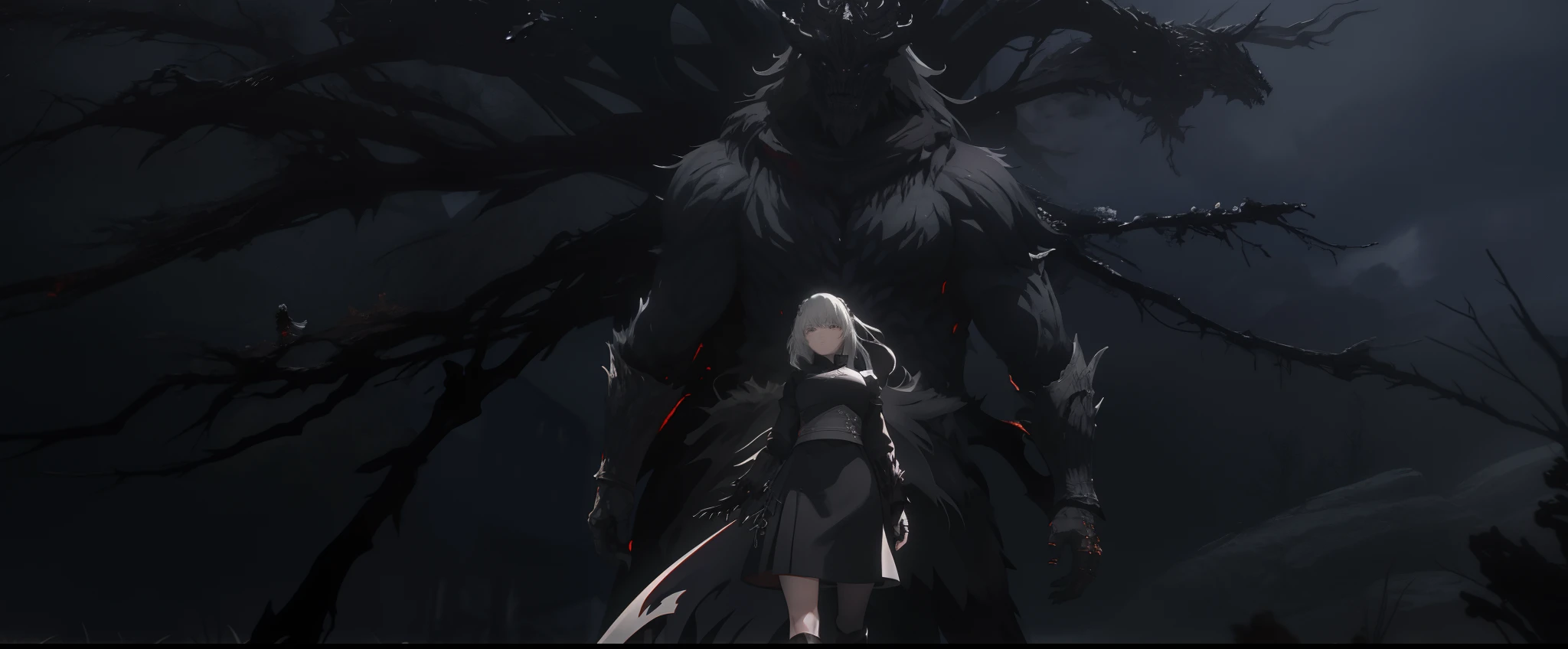 Anime scene where a woman stands next to a giant monster, Neil 2 B, 《dark souls iii》, Badass anime 8 K, elden ring boss, Berserker's blood, lineage 2 revolution style, 2 b, 2b, nier, berserk style, dark soul concept, epic 8 k hd anime shot, elden ring monster, code vein