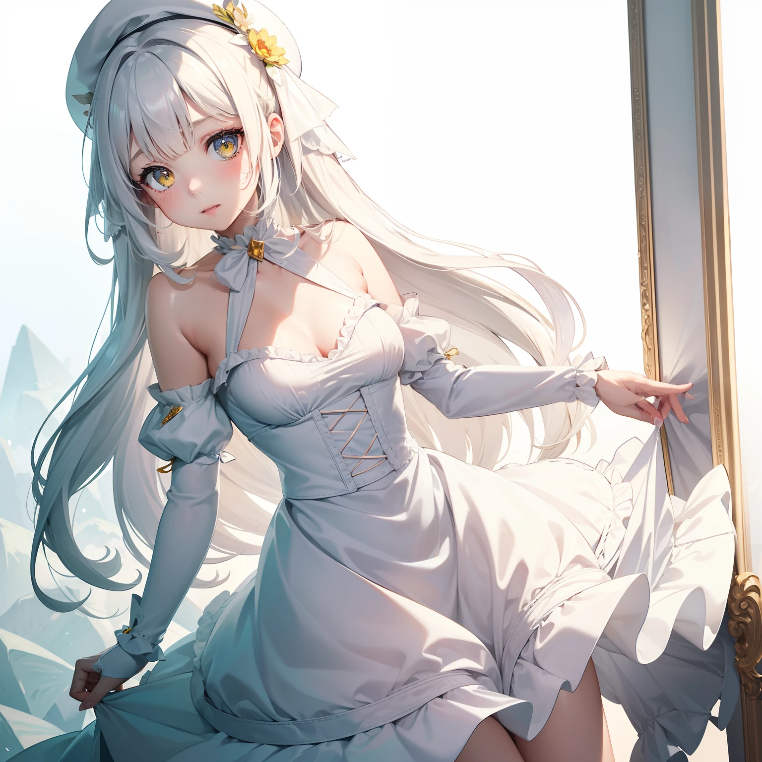{{best quality}},{llustration},{beautiful detailed eyes},dynamic angle, 1 girl, (masterpiece, best quality:1.2),white hair,yellow eyes,cute face,loli face,white halter dress,{{border}},light,solo,{{white beret}},small breasts,loli,{{full body}},stereogram,frilled dress,white and yellow theme,neck ribbon,criss-cross halter,strapless dress,white clothes,yellow diamond color crystal background,framed breasts,Blunt bangs,pointy breasts,cleavage cut,outunaligned breasts,long hair