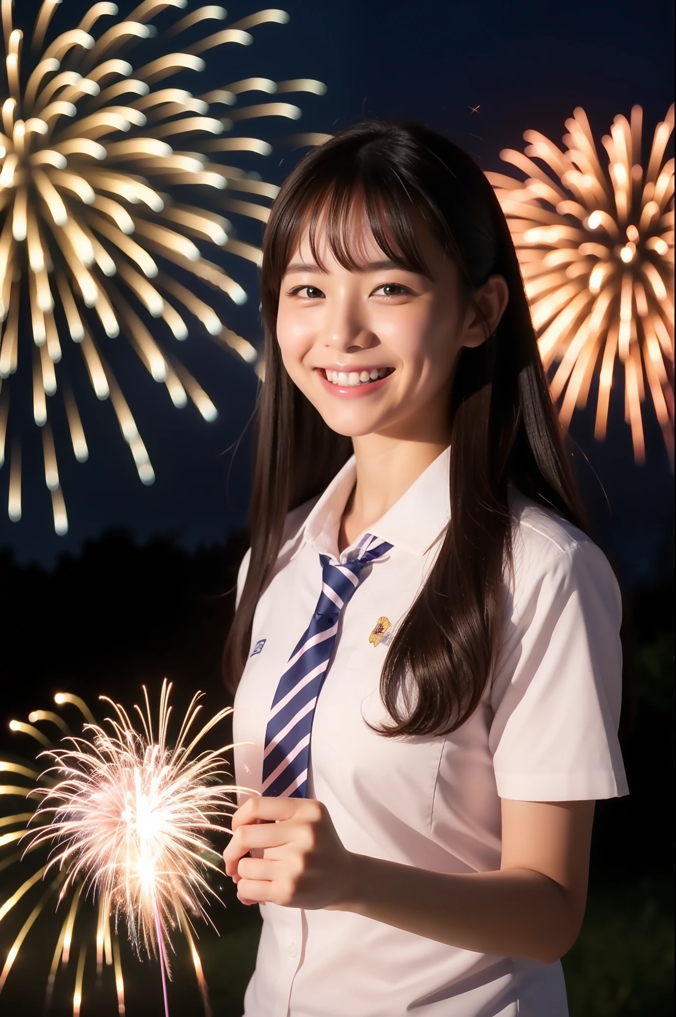 A smile、hi-school girl、While doing fireworks