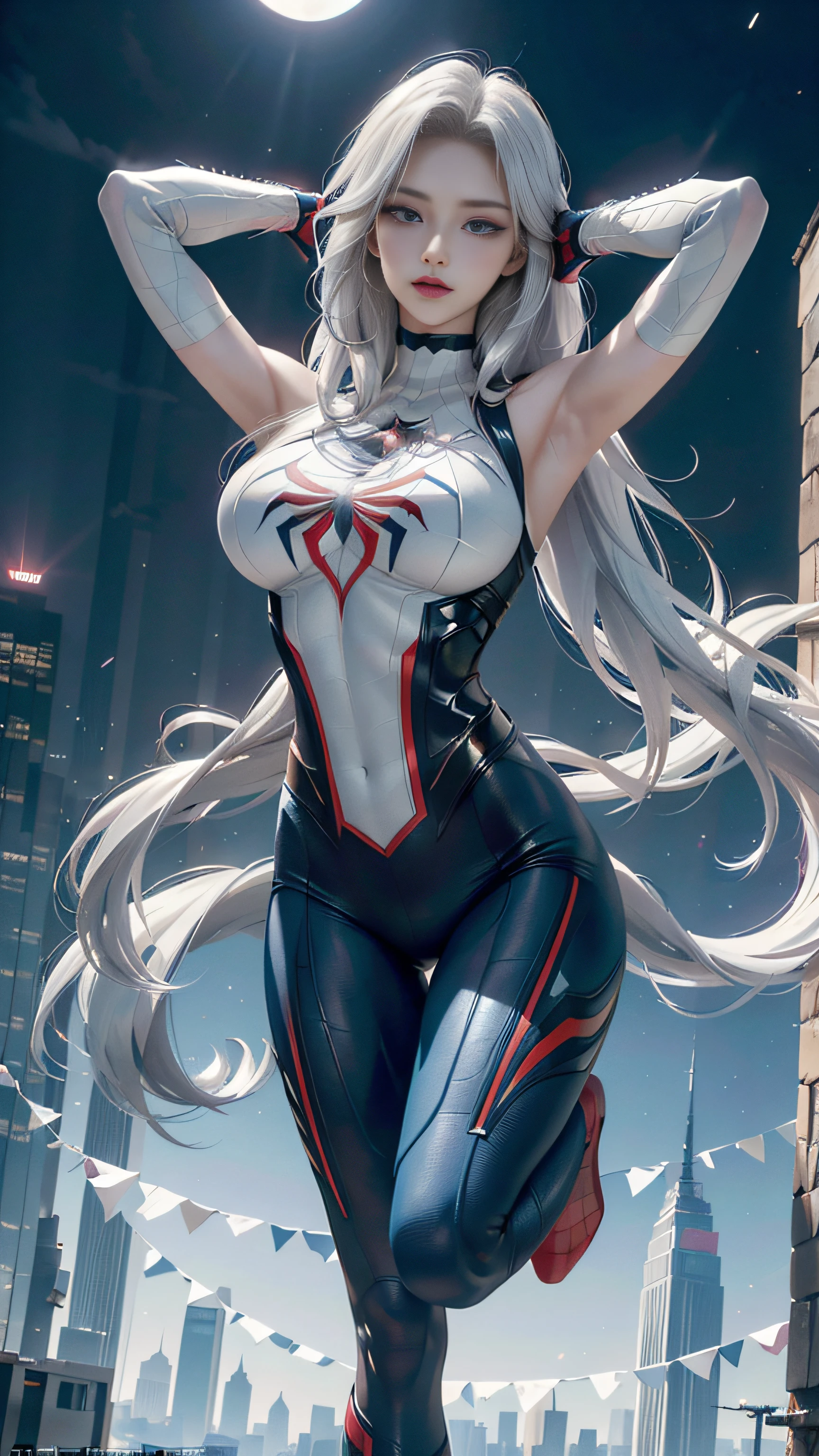 (Masterpiece, 4k resolution, ultra-realistic, very detailed), (White superhero theme, charismatic, there's a girl on top of town, wearing Spider-Man costume, she's a superhero), [ ((25 years), (long white hair:1.2), full body, (blue eyes:1.2), ((Spider-Man pose),show of strength, jumping from one building to another), ((sandy urban environment):0.8)| (cityscape, at night, dynamic lights), (full moon))] # Explanation: The Prompt mainly describes a 4K painting of ultra-high definition, very realistic, very detailed. It shows a superheroine at the top of the city, wearing a Spider-Man costume. The theme in the painting is a white superhero theme, the female protagonist has long white hair, is 25 years old and her entire body is shown in the painting. In terms of portraying the actions of superheroines, spiders are employed