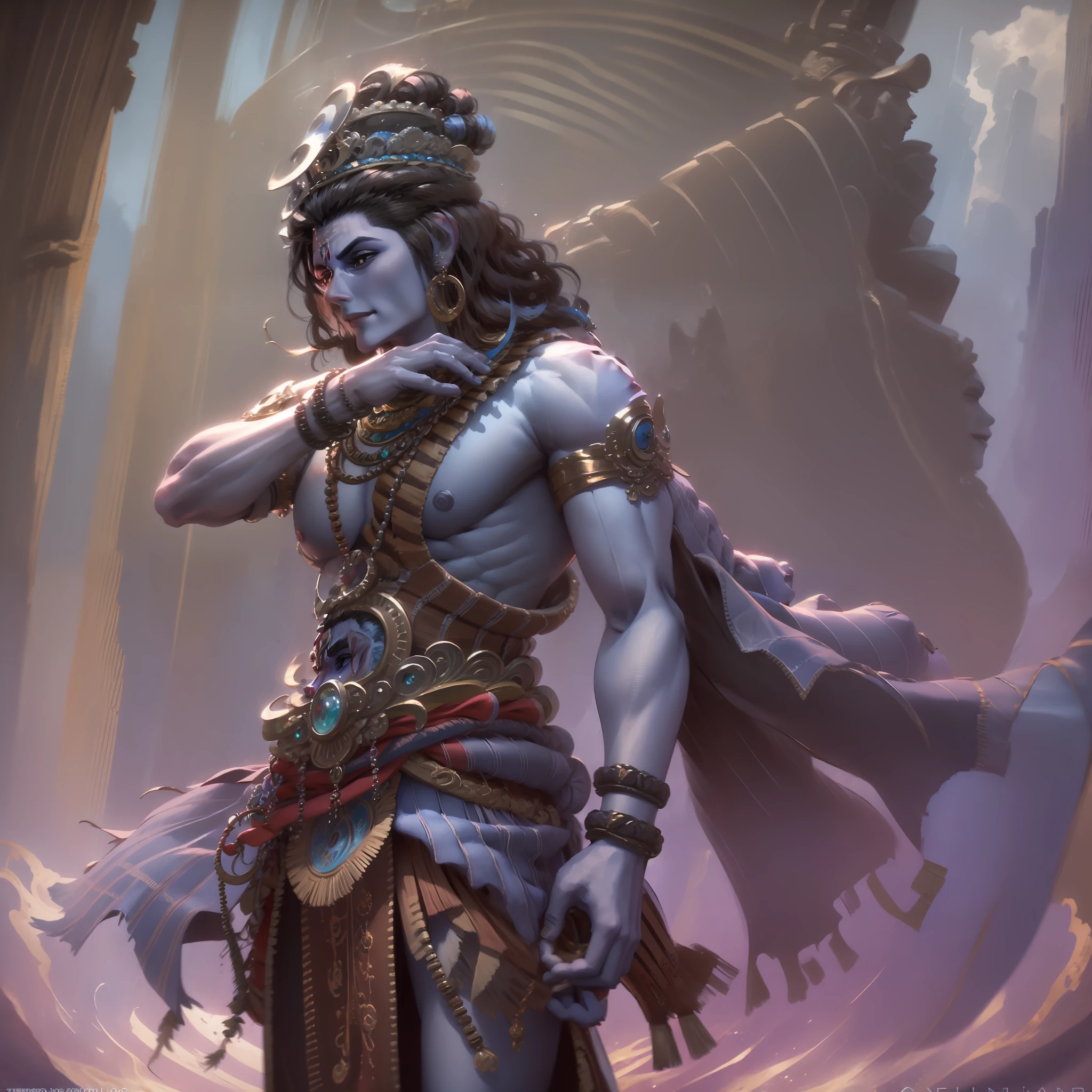 ancient traditional indian boy with blue skin, lord krishna, with flute and peacock feather on head, 4k, hd, lord krishna, full body, playing flute, smiling, beautiful face, smiling face (Male: 1.1), black eyes, profile, oriental beauty, (masterpiece), best quality, Anime, merge, colorful, vibrant colors, illustration, artstyle, fantasy, realistic, animation, (photo_\(medium\):1.0 ), by Antonio J. Manzanedo, by Jeremy Lipking, lightning, in surreal landscapes, smooth, sharp focus, NOT NSFW