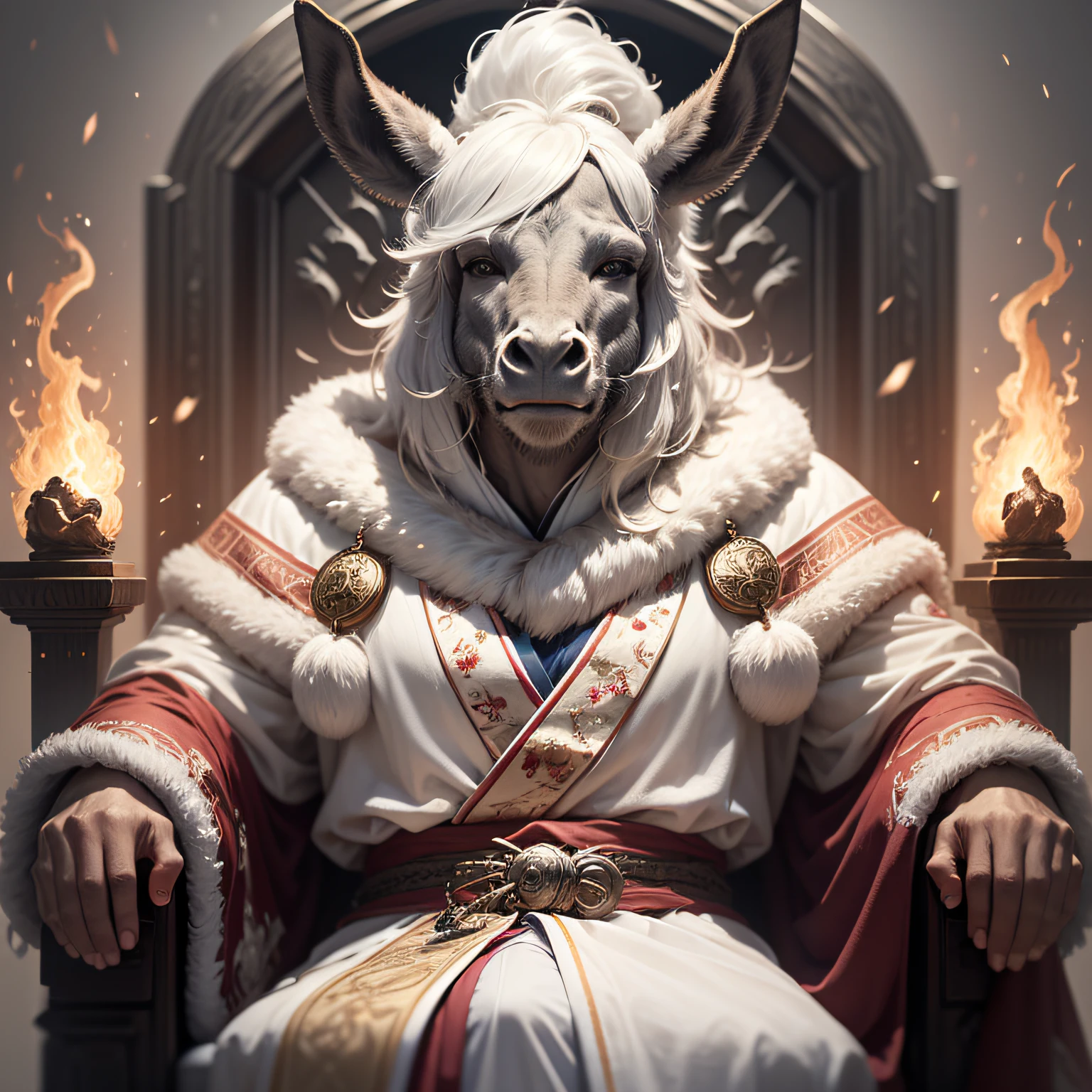Some thrones,There is a donkey-headed man sitting;His clothes were as white as snow,The hair on the head is like pure wool;His throne is the flame of fire,His wheels are burning fire。This poetic description depicts God as a man wearing a white robe、Hair is as white as wool、Donkey-headed man on fire on the throne,The donkey's head is large,Ears hanging down the shoulders。The face is terrifying,Donkey's head with big ears。