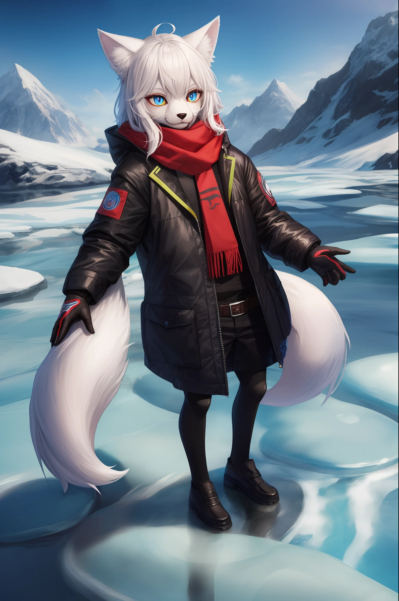 Anime fox standing on glacier surface with white hair and scarf, fursona art, fursona!!!,furry fursona, Flafiniti Flsona, Digital White Fox, Frasona Commission, fursona furry art commission, Furry furry art!!,Mao Pro-Committee, Furry committee, Male Flsona, smoll, furry anime,Child's figure,Bind tickling,Wear a down jacket,Blue pupils