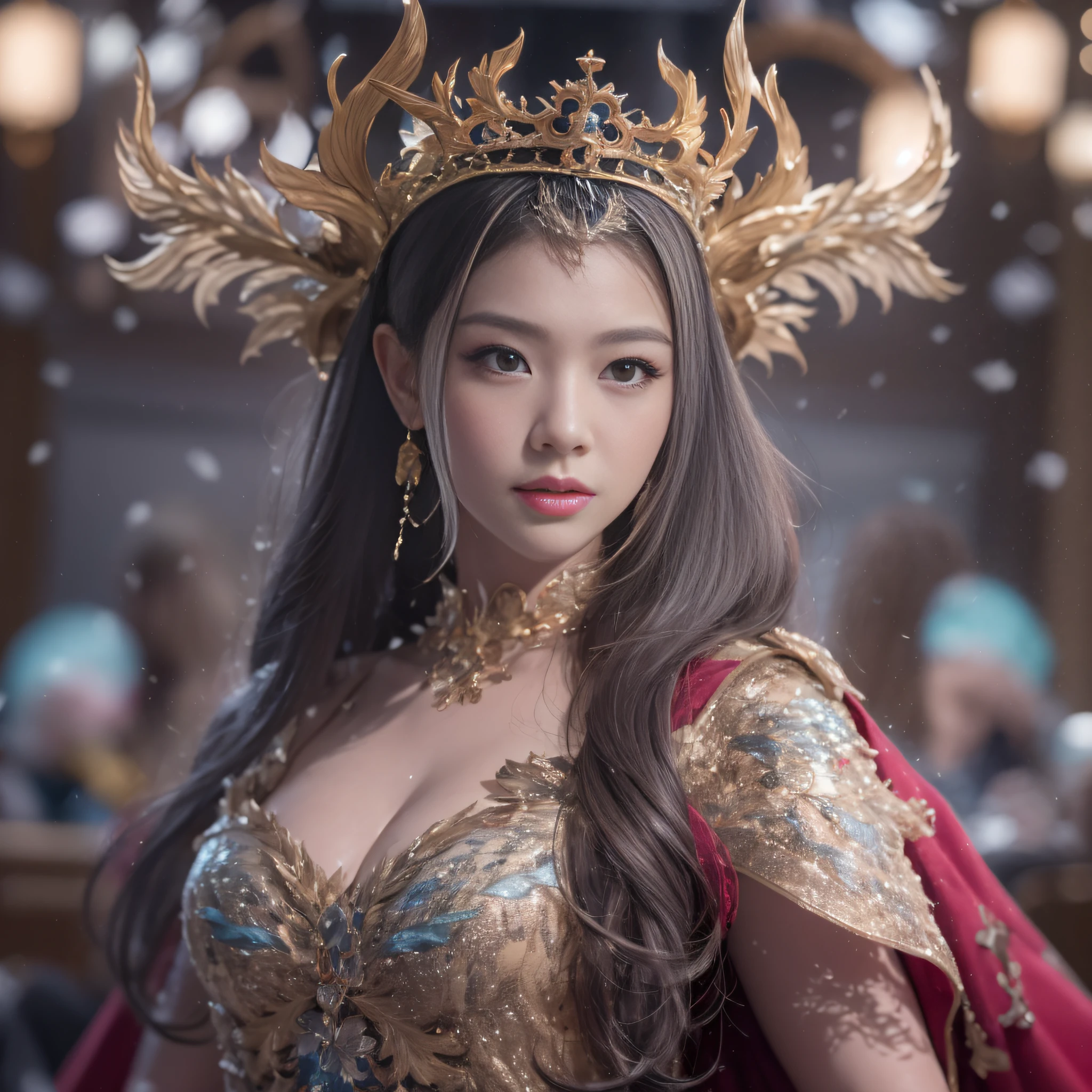 32K(tmasterpiece,k hd,hyper HD,16k)short detailed hair,Destroyed backroom area,Little Snow Girl ,Red Dragon Protector (realisticlying:1.4),Python pattern robe,Purple-pink tiara,Snowflakes fluttering,The background is pure, A high resolution, the detail, RAW photogr, Sharp Re, Nikon D850 Film Stock Photo by Jefferies Lee 4 Kodak Portra 400 Camera F1.6 shots, Rich colors, ultra-realistic vivid textures, Dramatic lighting, Unreal Engine Art Station Trend, cinestir 800,