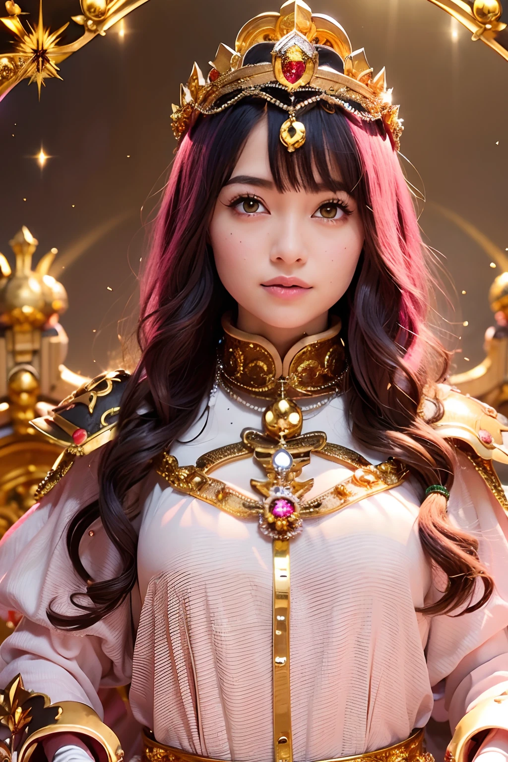 (masutepiece), Professional , masterpiece、top-quality、photos realistic , depth of fields (Gemstone Silver Metal Body:1.9),(Matte Pink、Particles of light、Jewel Gold Weapon(Jewel Metal Body:1.4),Gorgeous metal weapons , Detailed Sword of the Brave , Beautiful knife ,warhammer 40k , adepta sororitas,Detail and ornate jewel crown、Particles of light、Black hair、Gangle's forest background、Beautiful Caucasian beauty、1a person、dynamic ungle,(((Detailed and ornate diamond crown)))、Particles of light、Smaller head、A smile、Take a sexy pose、Background inside the castle、