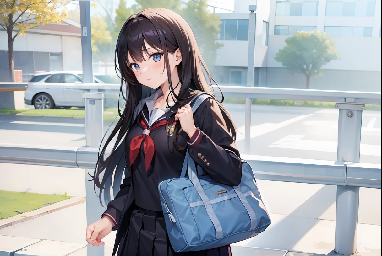 Masterpiece, 2d, hd, high quality, 1girl, anime effect, highschool girl, school uniform, holding, school bag