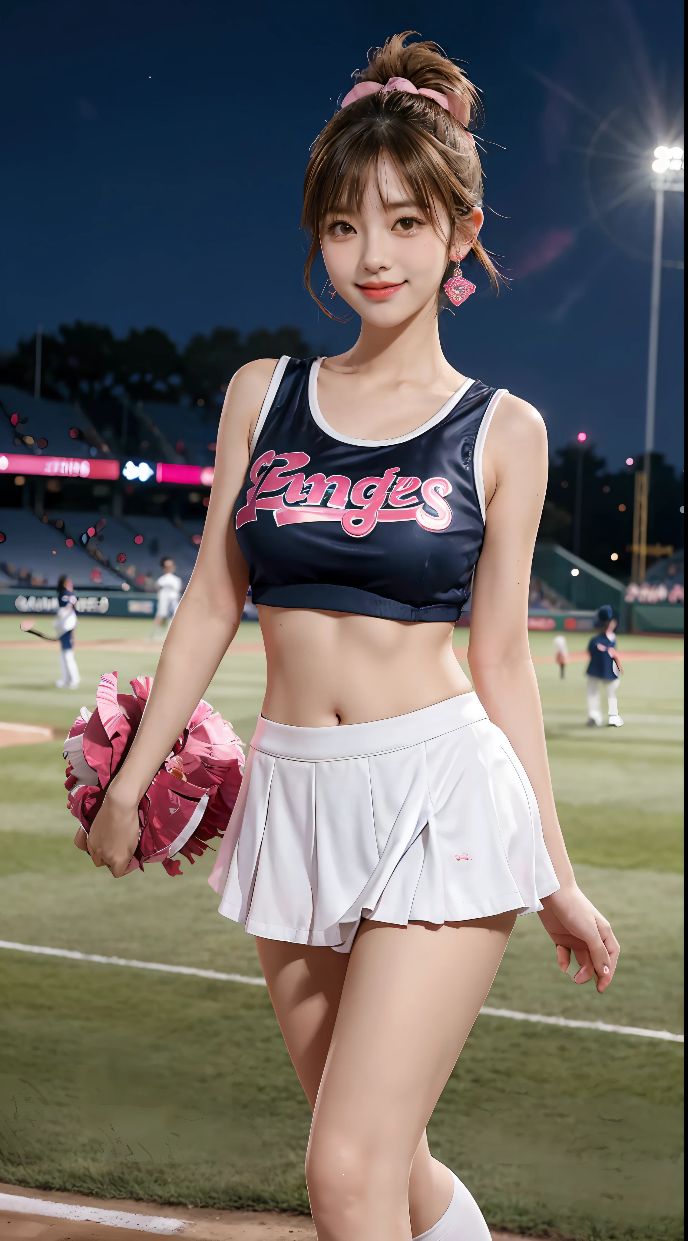 17-year-old cool Korean, big round breasts, breastbone, cheerleader, baseball team cheerleader, Super miniskirt with ruffles, eyes with beautiful details, eyeslashes, beautiful double eyelids, eyeshadows, Slit eye, perfect eye makeup, seductive smile smugly, beautiful thin legs, Light blonde, bob cuts, pony-tail, various hairstyles, earings, Stand on the ballpark at night, jumping, Pink panties are visible