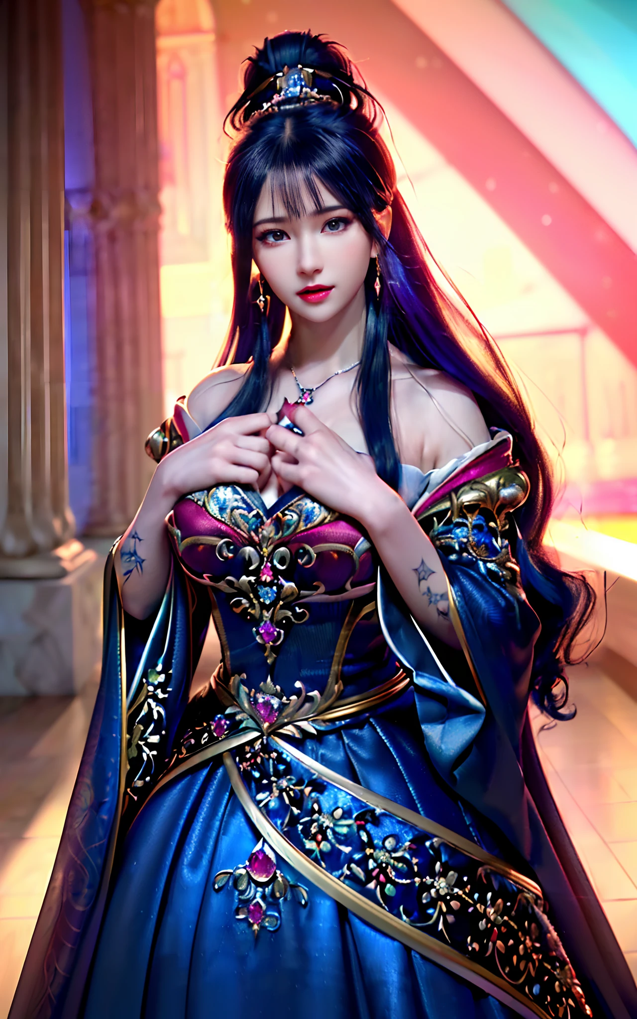 ((realisticity: 1.2)), ((realistic: 8K UHD)), ((best resolution: 8K UHD)), hyper detailed, best quality,masterpiece,highres,cg, ((1 girl hyper detailed and hyper realistic) ) , ((beautiful queen, hyper realistic and hyper detailed)),((white skin, beautiful, smooth, youthful, hyper realistic and hyper detailed )), ((Face hyper beautiful, white, hyper realistic and hyper detailed ) ), long hair, ((hyper realistic and hyper detailed dress)), solo, ((hyper realistic, hyper beautiful, beautiful and hyper detailed jewelry)), ((hyper beautiful deep red and golden yellow dress, hyper realistic and hyper detailed )) , ((Her pretty, hyper realistic, hyper detailed diamond filled earrings)), ((Her gorgeous diamond haircut, hyper realistic and hyper detailed)), ((hyper pretty upper body, hyper beautiful, hyper realistic and hyper detailed) ), ((medium breast: 1.1)), ((hyper realistic, hyper pretty, hyper detailed boobs)), ((the backgroun of the royal palace is hyper majestic, hyper realistic and hyper detailed)),((hands and palms hyper beautiful, hyper detailed, hyper realistic)), ((hyper detailed and hyper realistic fingers and fingernails)), ((hyper pretty fingernails, hyper vivid, hyper detailed, hyper realistic)), ((thumb, index finger, middle finger, ring finger, little finger hyper vivid, hyper pretty, hyper detailed, hyper realistic)),
((hyper beautiful fingers, hyper detailed, and hyper realistic)), ((posture not too fat and not too thin, hyper realistic, hyper detail)), ((hyper pretty, hyper pretty, hyper realistic and hyper detailed hair bun)), ((hyper pretty , hyper realistic and hyper detailed blue hair)), candid, Photo, high resolution, 8k , bokeh,