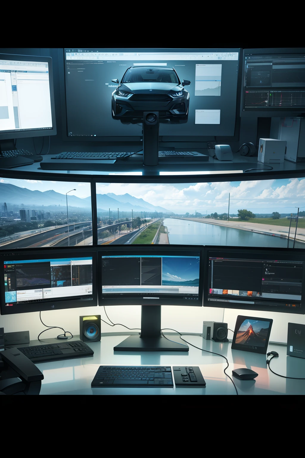 "Generate a contemporary scene capturing the view of a dual widescreen monitor setup. The left monitor should exhibit an advanced video editing software with a complex project underway, highlighting the intricacies of timeline editing and color correction. On the right monitor, showcase complementary tools like graphic design software, streaming applications, or reference materials. Pay close attention to the sleek design of the wide monitors, with accurate color representation, crisp visuals, and a sense of depth. The overall environment should reflect the professional and modern essence of a cutting-edge video editing workspace."