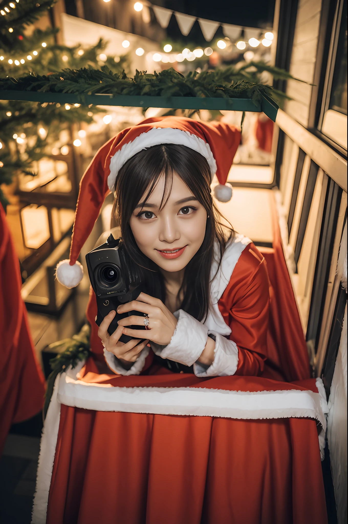 (((santa claus costume))),(((Photographing a girl from side))),ulzzang-6500-v1.1, (Raw photo:1.2), (Photo realistic:1.4), a beautiful detailed girl, extremely detailed eye and face, beautiful detailed eyes, ultra-detailed, High resolution, top-quality, masterpiece, highly detailed, 8k wallpaper, Wonderful, finely detail, top-quality, Light on the face,电影灯光,1girl in,(Christmas market in Stuttgart),Beautiful eyes,smile,Opening Mouth