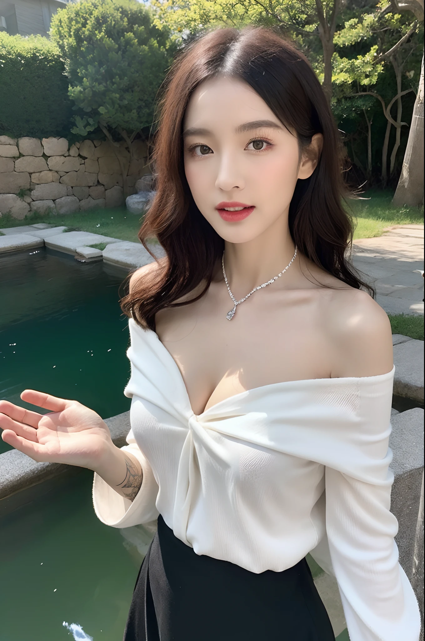 Woman in the water，(High-resolution 8K raw photos are realistic,best qualtiy,),(Stylish long-sleeved off-the-shoulder top，Mini water pattern skirt),(Seven-doppelganger shot,中景 the scene is),(Brown and yellow shawl hair),Skinny and small,beautidful eyes,Super detailed face,Beautiful woman,tight-fitting,Big breasts Thin waist,Bigchest,age uncensored,cute female child,Glowing skin,20yr old,(house，hilltop，ponds，green waters，steins，waterfallr，rays of sunshine，lavender，the cherry trees:1.3)，Sharpen,Chiffon,Gauze skirt，lacing，Front light，(Solo:1.2,)cleavage,Hands to hearts，visitor，Clear black stockings,pool，corsage，Issuing，choker necklace，eardrop，head gear，waving hands，Stick out your tongue，laughingly(Tattoo on the chest:1.3)