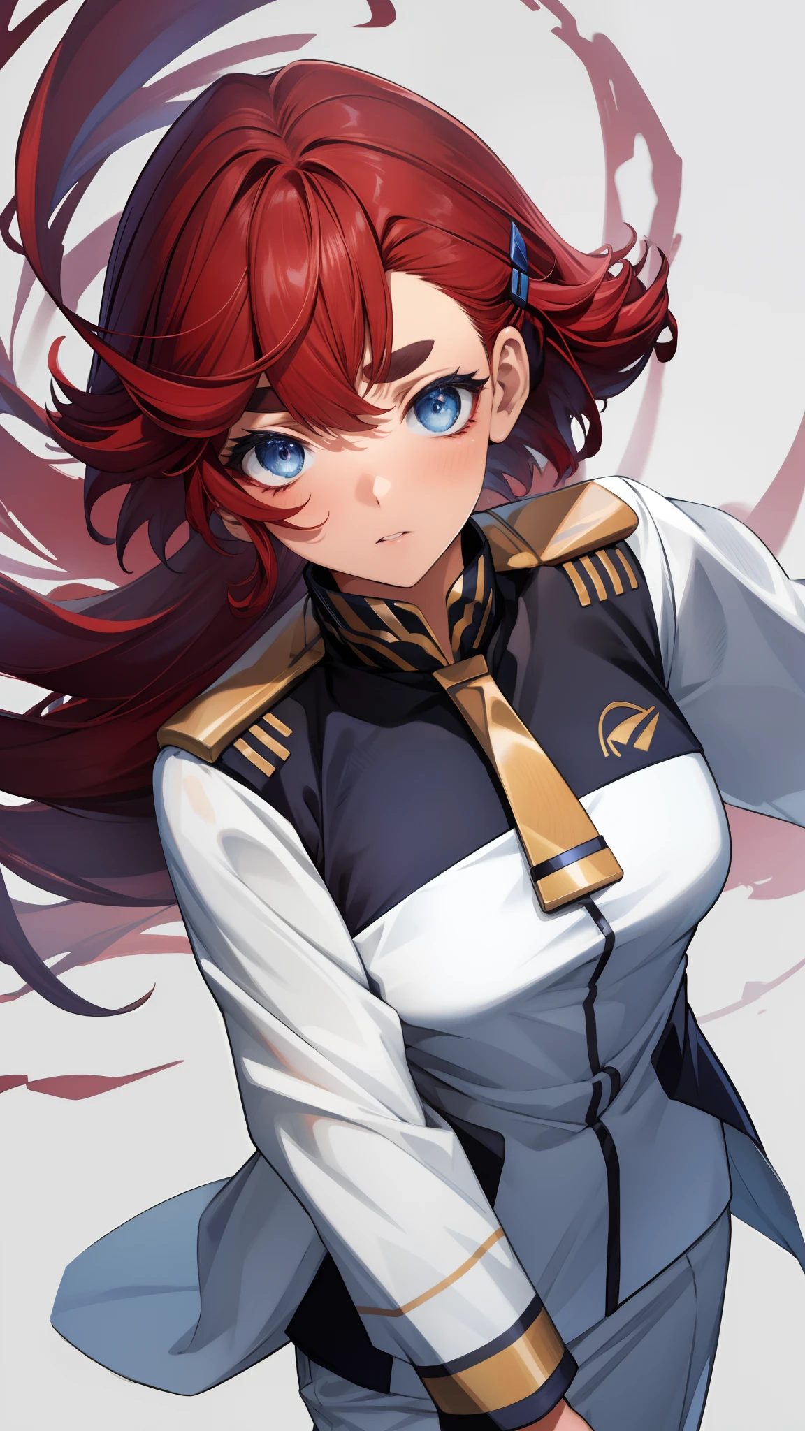 masterpiece, Best Quality, masterpiece, high detailing, Detailed face, Detailed eyes, rendered eyes, Perfect eyes, hip lines, Ambient Occlusion, crisp image, Detailed, amazing,8K,8K Wallpaper,8K Background, High detailed skin, high resolution,
1girl in, Solo, Sletta Mail, ((asticassia white school uniform)), ((redhair、blue eyess))、