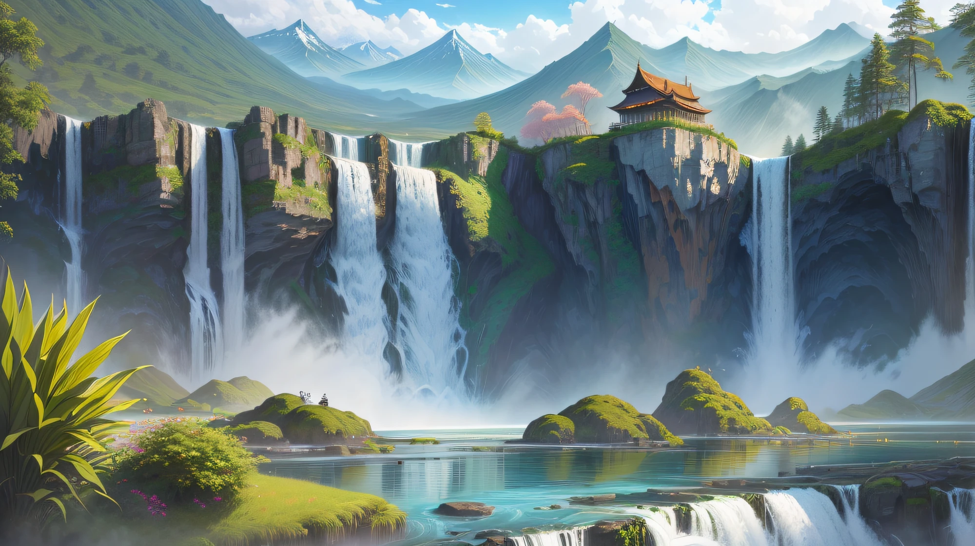 Draw a detailed drawing,There is a huge one in the background、Endless waterfalls and lakes,A high waterfall floating in the air,Surreal landscape with waterfall effect。