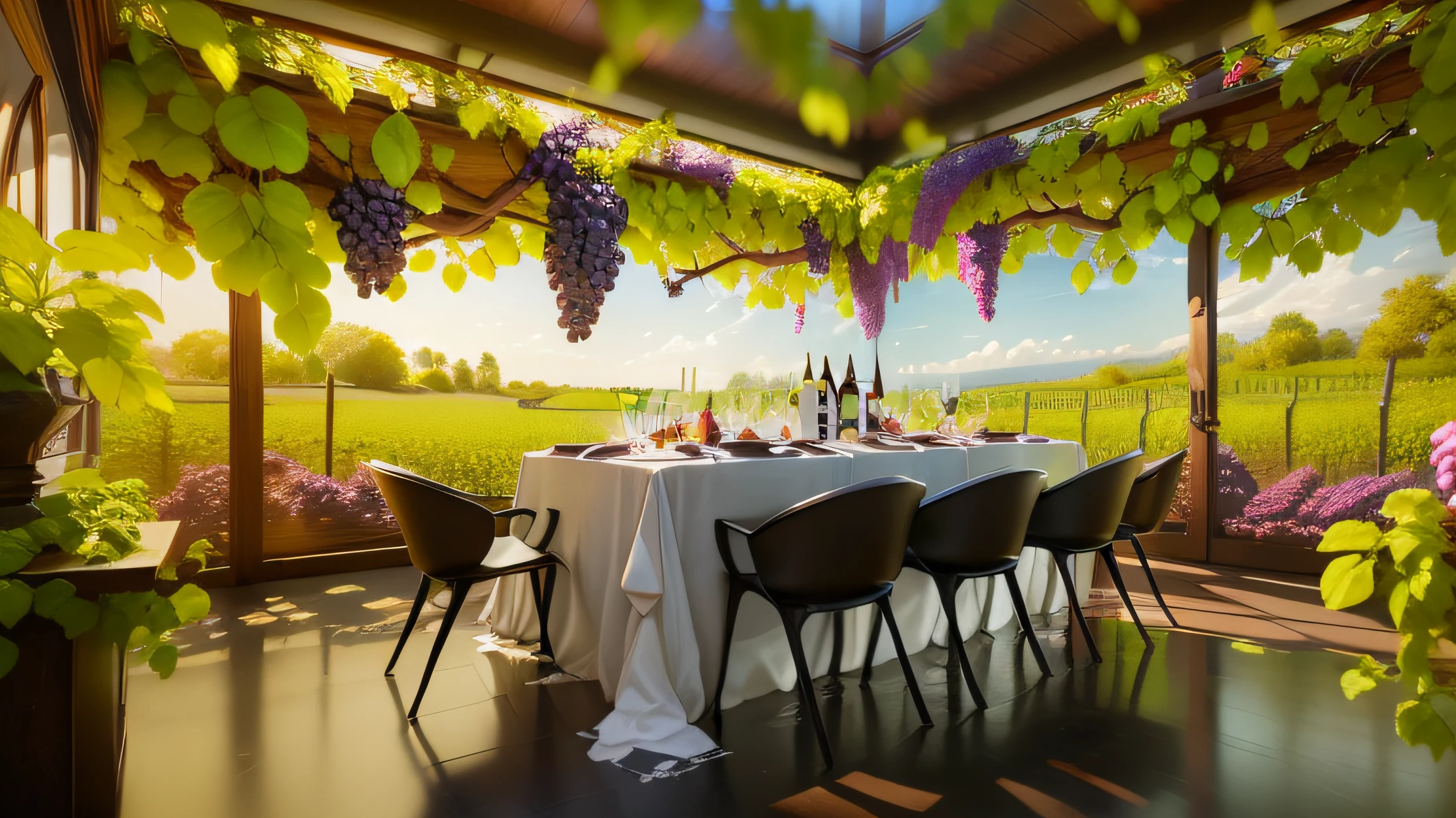 There is a table painting，There is a bunch of grapes on it, Masterpiece works of art, Wine, connected to nature via vines, Rendered in Lumion Pro, Stylized digital illustration, photographic render, Rendered in Lumion, photorender, realistic fantasy rendering, hyper realisitc, realistic scene, look from down, rendering, virtual metaverse room, a digital rendering