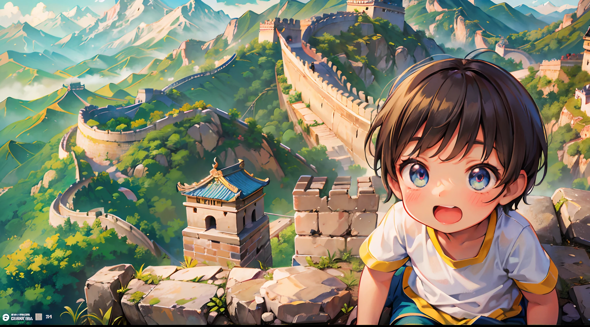 (Masterpiece, top quality, super detailed CG, ultra detailed beautiful face and eyes, super detailed, intricate details:1.2), 8k wallpapers, elaborate features,
(1 person, solo:1.4)perfect cartoon illustration,(1 person, solo:1.4)
(realistic textures:0.8), high res, cute, (vivid colors, dynamic lighting:1.0), (high contrast:0.8),A perfect animated illustration of a little boy sitting on the wall of the Great Wall of China, smiling happily at us, with a bright expression on his young face, his cheeks slightly upturned with joy at seeing his dream site, dressed in a T-shirt and shorts, the location is the Great Wall of China with a series of mountains in the distance, The time is noon, the weather is clear and sunny, a fresh breeze is blowing, and the Great Wall of China stretches from the front to the back of the illustration and far into the distance.
