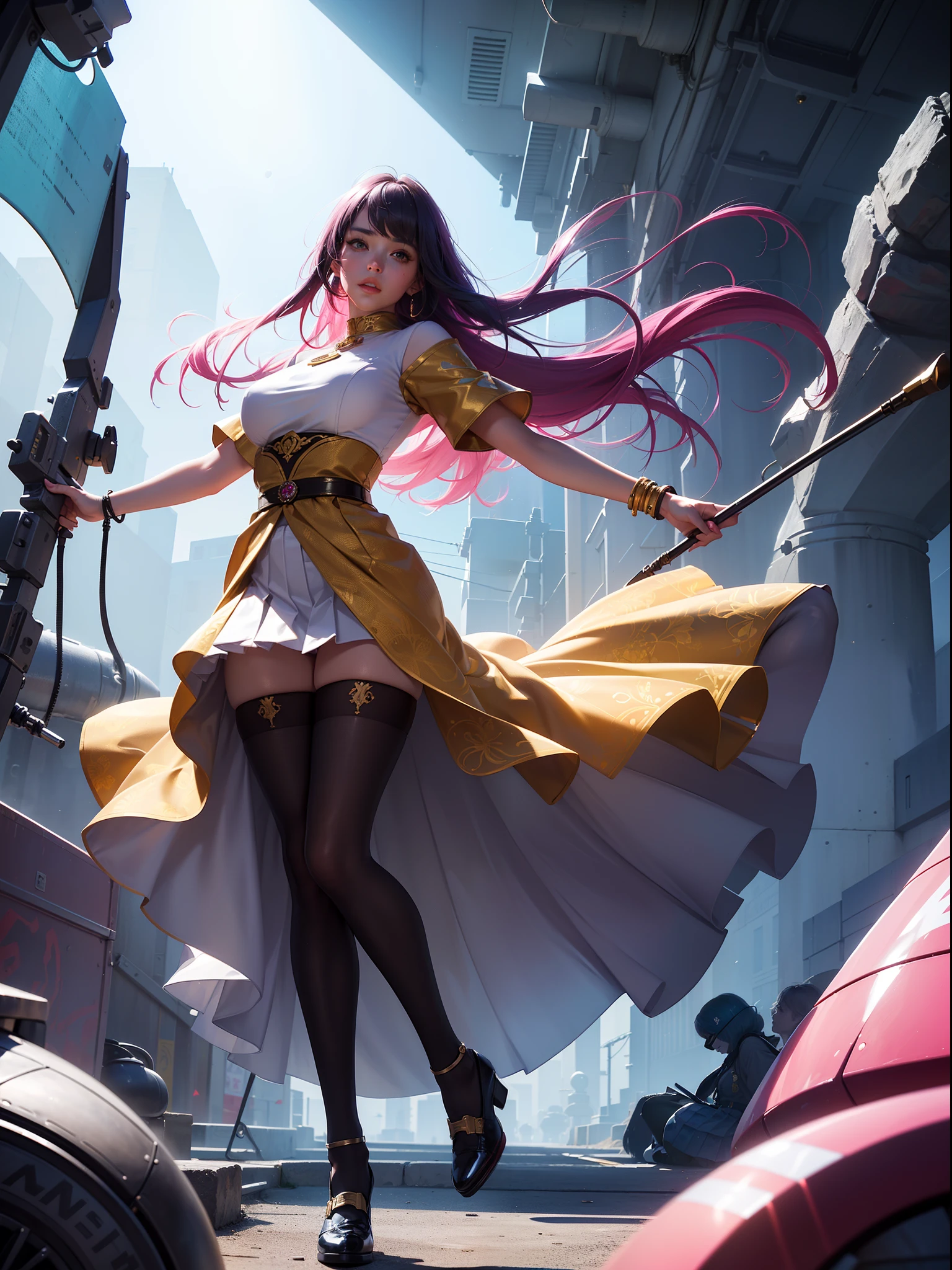 (full body:1.5),(1girl:1.3),(looking at viewer:1.4),(anatomy correct:1.3),(In the paradise of the day:1.3),(Roman legion style,Wearing Very thick Printed Pantyhose and JK Student Dress Printed Pleated Skirt and JK uniform leather shoes,and a large amount of jewellery :1.3), (A high jump posture:1.3),(In pink|amarelo|blue colors|green color|red colour|white colors|black in color|purpleish color|greys|Beige|Flesh color 1.4),,(Accurate and perfect face:1.4),(Clothing Gloss:1.25),(Skin reflection:1.25),hyper HD, Ray traching, reflective light,structurally correct, Award-Awarded, high detal, lightand shade contrast, Face lighting,cinmatic lighting, tmasterpiece, super detailing, high high quality, high detal, best qualityer, 16k,high contrast,