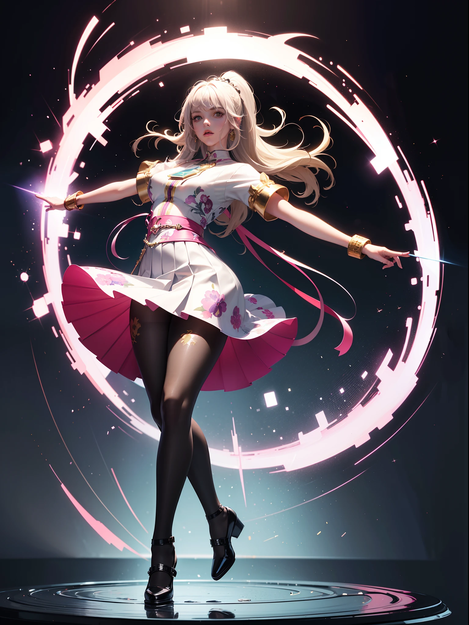 (full body:1.5),(1girl:1.3),(looking at viewer:1.4),(anatomy correct:1.3),(In the paradise of the day:1.3),(Roman legion style,Wearing Very thick Printed Pantyhose and JK Student Dress Printed Pleated Skirt and JK uniform leather shoes,and a large amount of jewellery :1.3), (A high jump posture:1.3),(In pink|amarelo|blue colors|green color|red colour|white colors|black in color|purpleish color|greys|Beige|Flesh color 1.4),,(Accurate and perfect face:1.4),(Clothing Gloss:1.25),(Skin reflection:1.25),hyper HD, Ray traching, reflective light,structurally correct, Award-Awarded, high detal, lightand shade contrast, Face lighting,cinmatic lighting, tmasterpiece, super detailing, high high quality, high detal, best qualityer, 16k,high contrast,