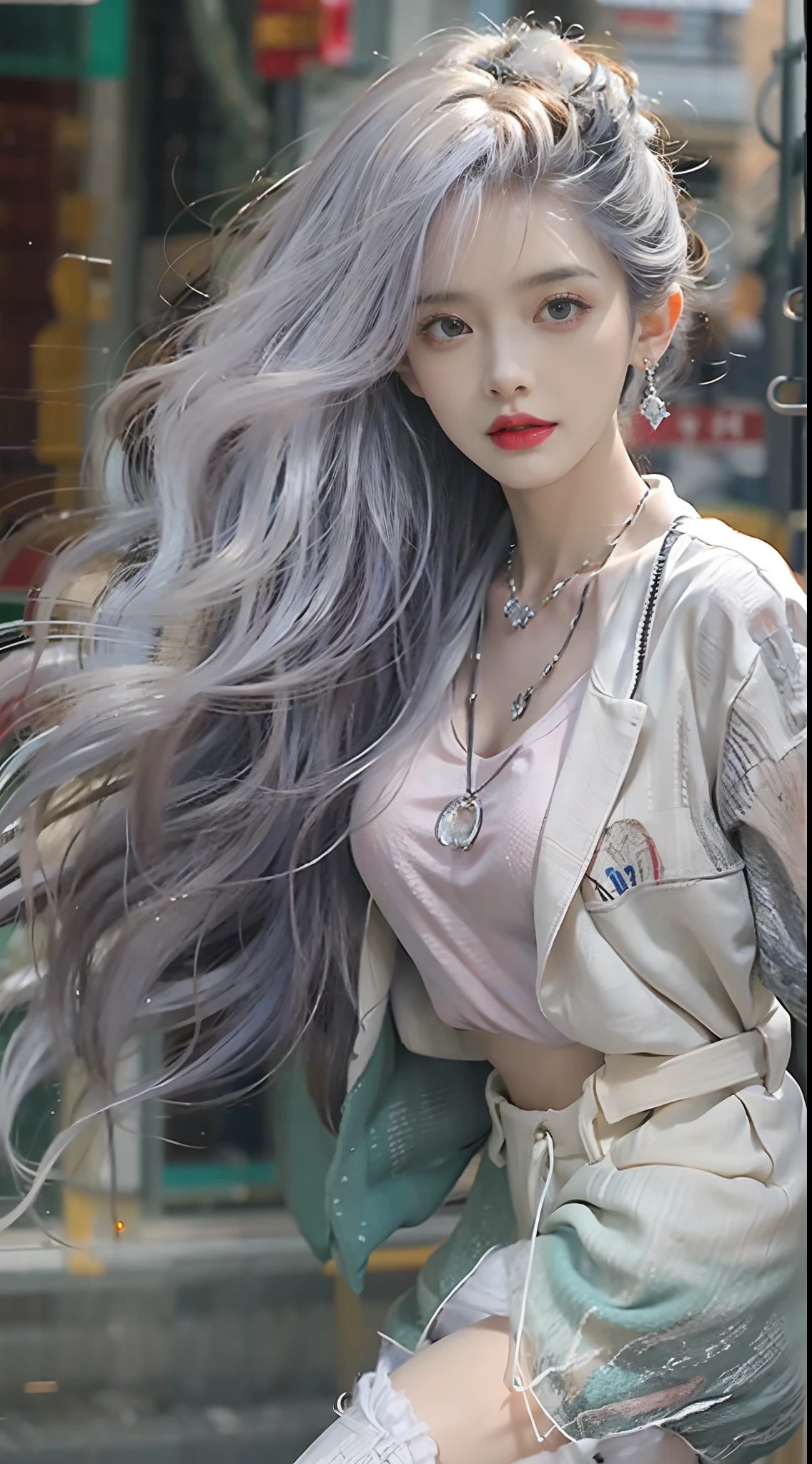 Urban beautiful girl college student, masterpiece, light makeup, red lips, silver hair, messy long hair, street background, beautiful, elegant. Ultra-fine details, master works, real texture, cinematic lighting realism, perfect work, 8k, HD, exquisite facial features, white tight open-cut top, transparent white tight shorts, slim figure, bright big eyes, smooth skin, earrings, necklace, tattoos