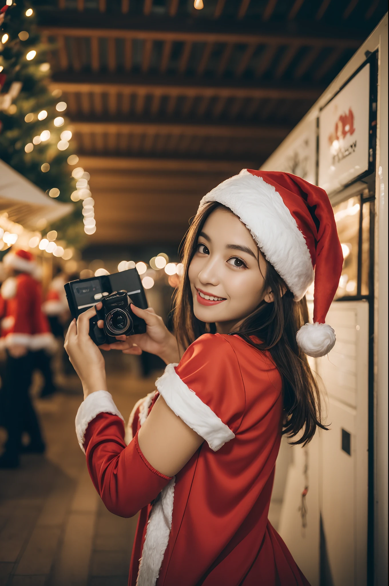 (((santa claus costume))),(((looking at viewer:1.5))),(((Photographing a girl from side))),ulzzang-6500-v1.1, (Raw photo:1.2), (Photo realistic:1.4), a beautiful detailed girl, extremely detailed eye and face, beautiful detailed eyes, ultra-detailed, High resolution, top-quality, masterpiece, highly detailed, 8k wallpaper, Wonderful, finely detail, top-quality, Light on the face,电影灯光,1girl in,(Christmas market in Stuttgart),Beautiful eyes,smile,Opening Mouth