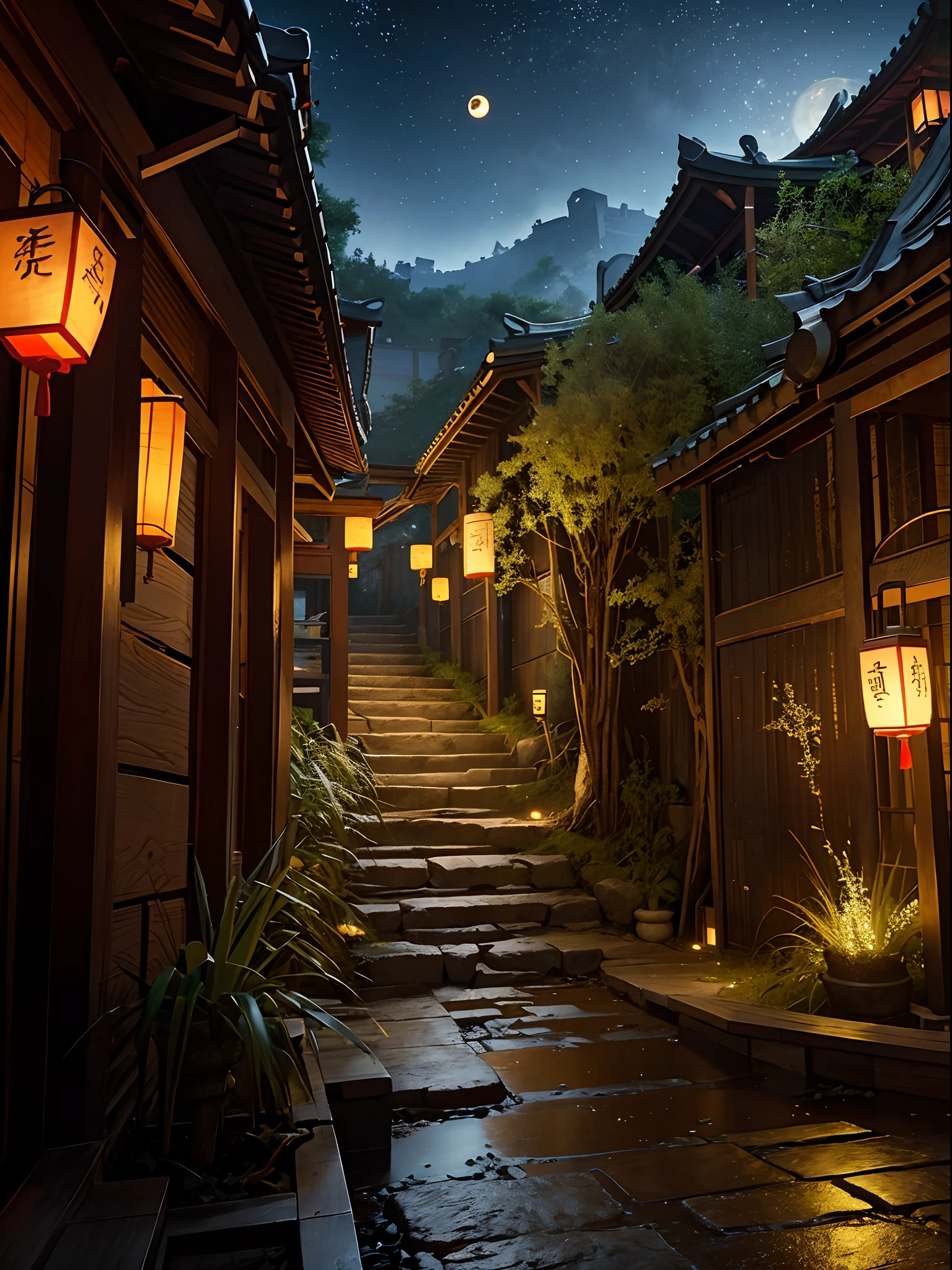 Official Art, Ancient China, Ancient Streets, (Lots of Fireflies), (Night), (Moon), Lights, Beautiful Landscapes, Epic Landscapes, Realistic Lighting, Masterpieces, High Quality, Beautiful Graphics, High Detail, Global Illumination, Unreal Engine Rendering, Octane Rendering, (HDR:1.3)