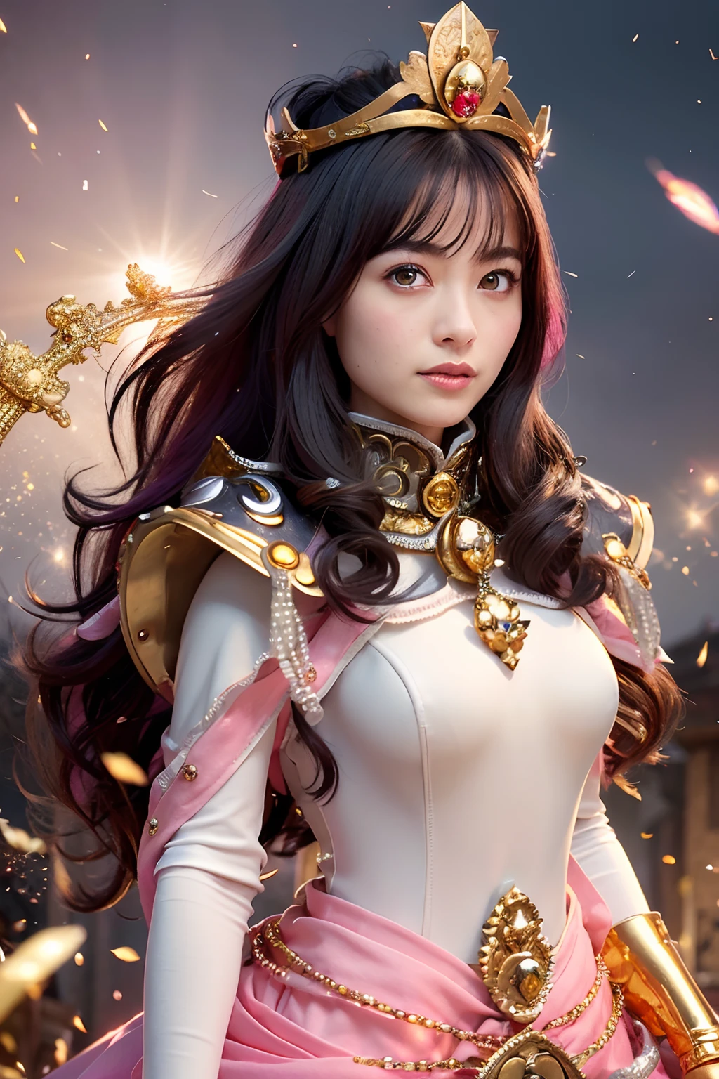 (masutepiece), Professional , masterpiece、top-quality、photos realistic , depth of fields (Gemstone Silver Metal Body:1.9),(Matte Pink、Particles of light、Jewel Gold Weapon(Jewel Metal Body:1.4),Gorgeous metal weapons , Detailed Sword of the Brave , Beautiful knife ,warhammer 40k , adepta sororitas,Detail and ornate jewel crown、Particles of light、Black hair、Gangle's forest background、Beautiful Caucasian beauty、1a person、dynamic ungle,(((Detailed and ornate diamond crown)))、Particles of light、Smaller head、A smile、Take a sexy pose、Background inside the castle、