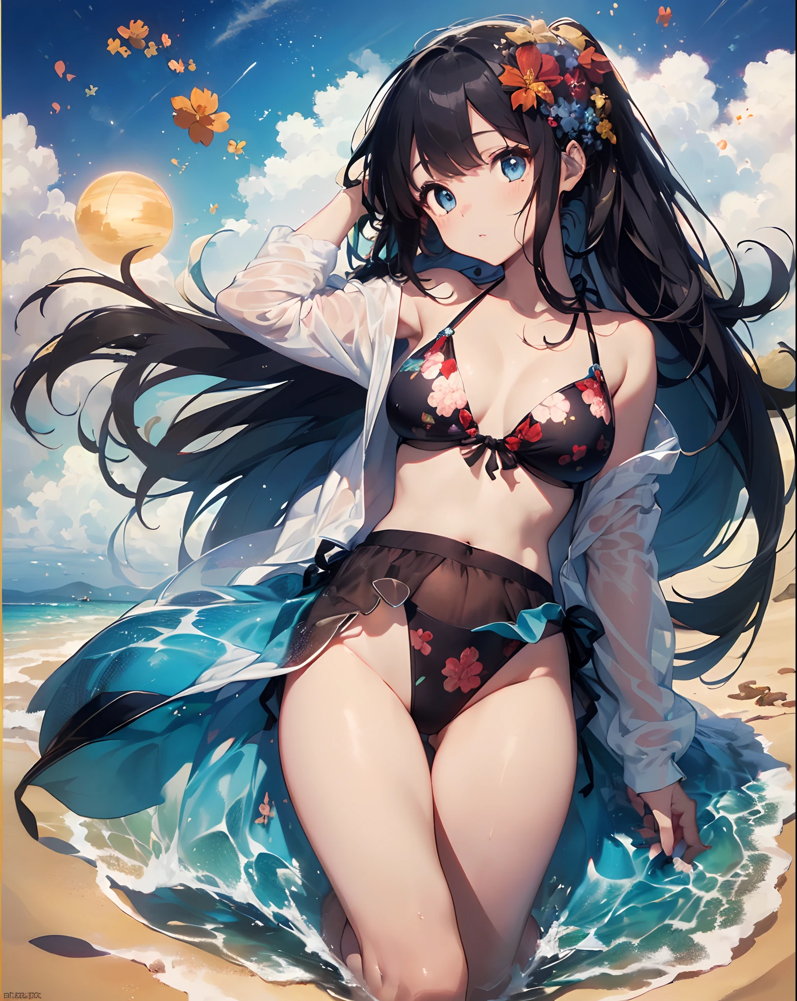 ((masterpiece))、((top-quality)、(Super Detail)、in 8K、Delicate depictions are filmed in anime style。
(Very long hair、Dark hair、Bright blue eyes)18year old、(Full body:1.3)、poneyTail、Clear, Beautiful eyes、posterior view、Bikini with red floral pattern、Into the cloud、Dazzling sun、sand beach、mare