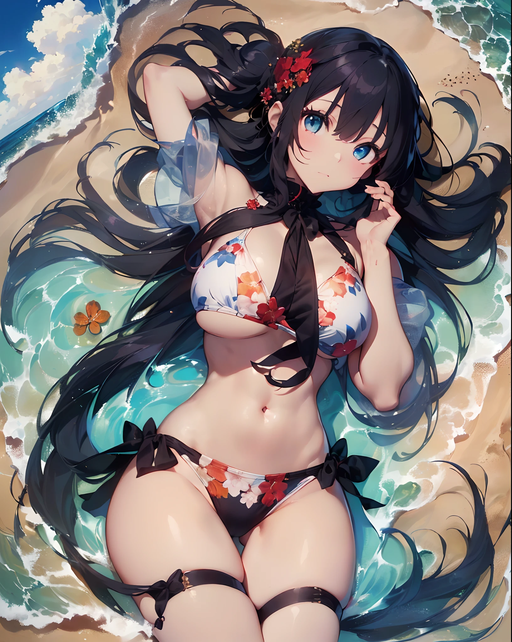 ((masterpiece))、((top-quality)、(Super Detail)、in 8K、Delicate depictions are filmed in anime style。
(Very long hair、Dark hair、Bright blue eyes)18year old、(Full body:1.3)、poneyTail、Clear, Beautiful eyes、posterior view、Bikini with red floral pattern、Into the cloud、Dazzling sun、sand beach、mare