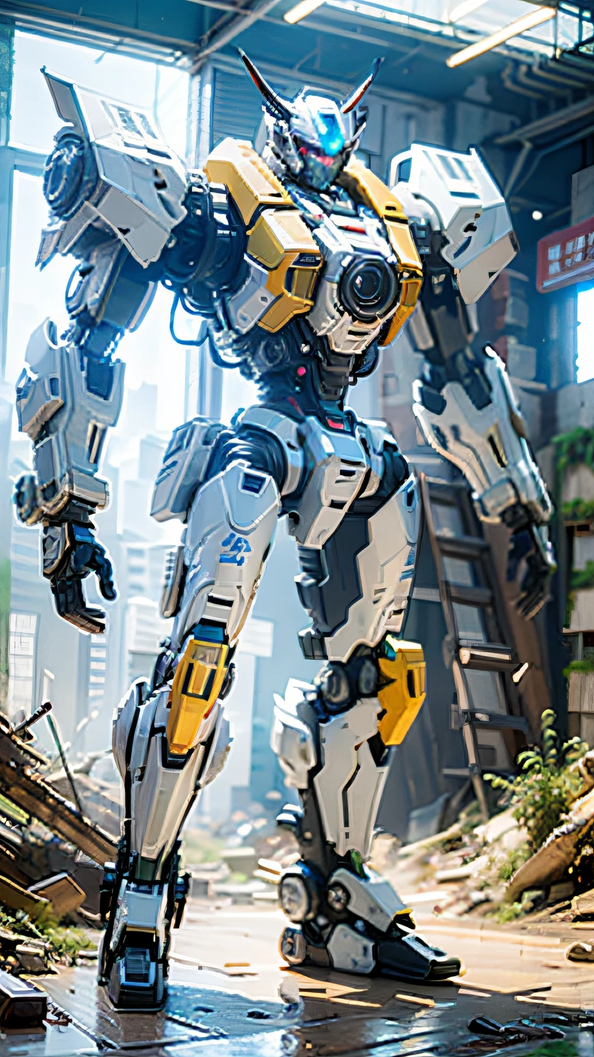 ((Best quality)), ((masterpiece)), (highly detailed:1.3), 3D,Shitu-mecha, masculine cyberpunk men with his mecha in the ruins of city from a forgoten war, ancient technology,HDR (High Dynamic Range),Ray Tracing,NVIDIA RTX,Super-Resolution,Unreal 5,Subsurface scattering,PBR Texturing,Post-processing,Anisotropic Filtering,Depth-of-field,Maximum clarity and sharpness,Multi-layered textures,Albedo and Specular maps,Surface shading,Accurate simulation of light-material interaction,Perfect proportions,Octane Render,Two-tone lighting,Low ISO,White balance,Rule of thirds,Wide aperature,8K RAW,Efficient Sub-Pixel,sub-pixel convolution,luminescent particles,light scattering,Tyndall effect