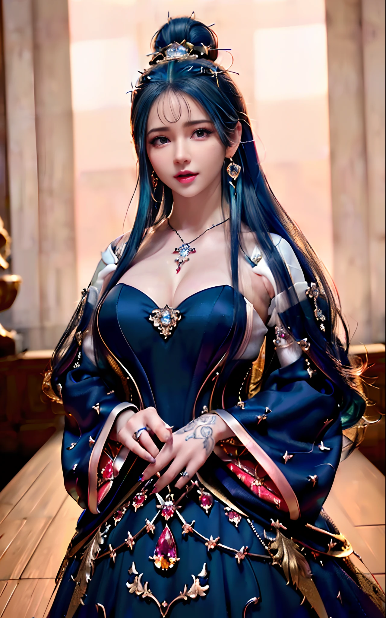 ((realisticity: 1.2)), ((realistic: 8K UHD)), ((best resolution: 8K UHD)), hyper detailed, best quality,masterpiece,highres,cg, ((1 girl hyper detailed and hyper realistic) ) , ((beautiful queen, hyper realistic and hyper detailed)),((white skin, beautiful, smooth, youthful, hyper realistic and hyper detailed )), ((Face hyper beautiful, white, hyper realistic and hyper detailed ) ), long hair, ((hyper realistic and hyper detailed dress)), solo, ((hyper realistic, hyper beautiful, beautiful and hyper detailed jewelry)), ((hyper beautiful deep red and golden yellow dress, hyper realistic and hyper detailed )) , ((Her pretty, hyper realistic, hyper detailed diamond filled earrings)), ((Her gorgeous diamond haircut, hyper realistic and hyper detailed)), ((hyper pretty upper body, hyper beautiful, hyper realistic and hyper detailed) ), ((medium breast: 1.1)), ((hyper realistic, hyper pretty, hyper detailed boobs)), ((the backgroun of the royal palace is hyper majestic, hyper realistic and hyper detailed)),((hands and palms hyper beautiful, hyper detailed, hyper realistic)), ((hyper detailed and hyper realistic fingers and fingernails)), ((hyper pretty fingernails, hyper vivid, hyper detailed, hyper realistic)), ((thumb, index finger, middle finger, ring finger, little finger hyper vivid, hyper pretty, hyper detailed, hyper realistic)),
((hyper beautiful fingers, hyper detailed, and hyper realistic)), ((posture not too fat and not too thin, hyper realistic, hyper detail)), ((hyper pretty, hyper pretty, hyper realistic and hyper detailed hair bun)), ((hyper pretty , hyper realistic and hyper detailed blue hair)), candid, Photo, high resolution, 8k , bokeh,