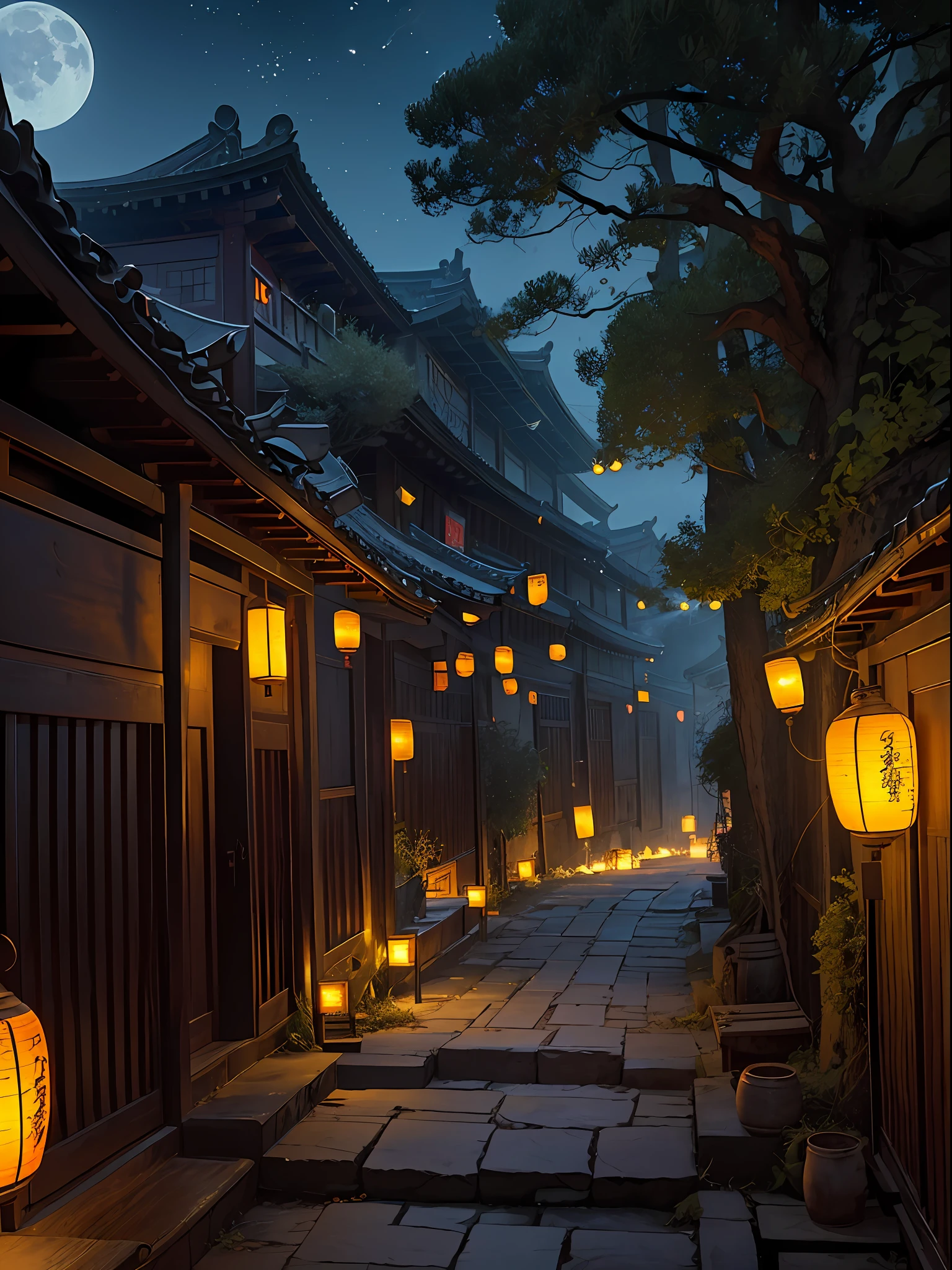Official Art, Ancient China, Ancient Streets, (Lots of Fireflies), (Night), (Moon), Lights, Beautiful Landscapes, Epic Landscapes, Realistic Lighting, Masterpieces, High Quality, Beautiful Graphics, High Detail, Global Illumination, Unreal Engine Rendering, Octane Rendering, (HDR:1.3)