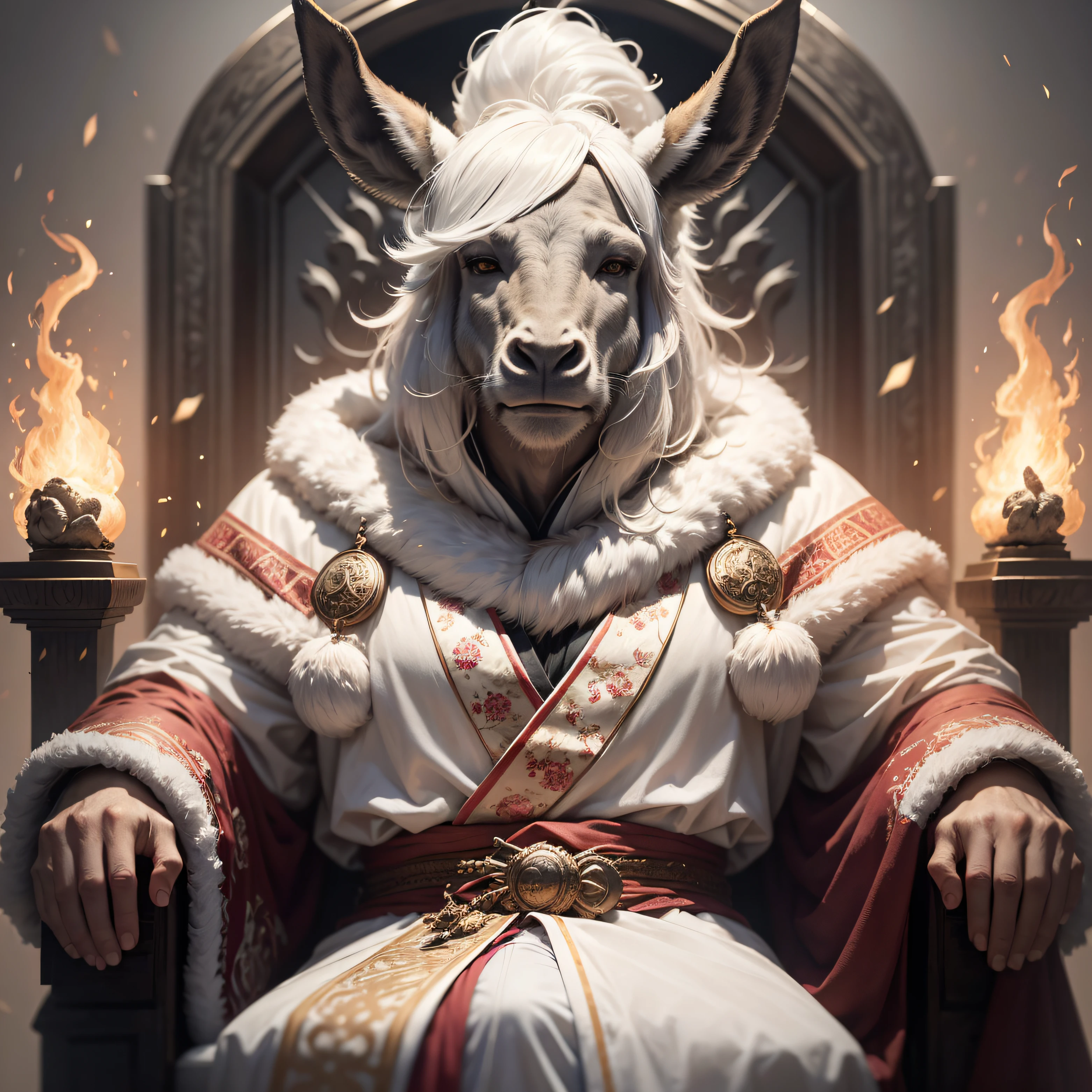 Some thrones,There was a donkey-headed man sitting;His clothes were as white as snow,The hair on the head is like pure wool;His throne is flame,His wheels were burning with flames。This poetic description depicts God as a man in a white robe。、Hair is as white as wool、The donkey-headed man is on fire on the throne,The donkey's head is large,Ears hang down on shoulders,Looks like Biden。The face is terrible,Donkey head with big ears。