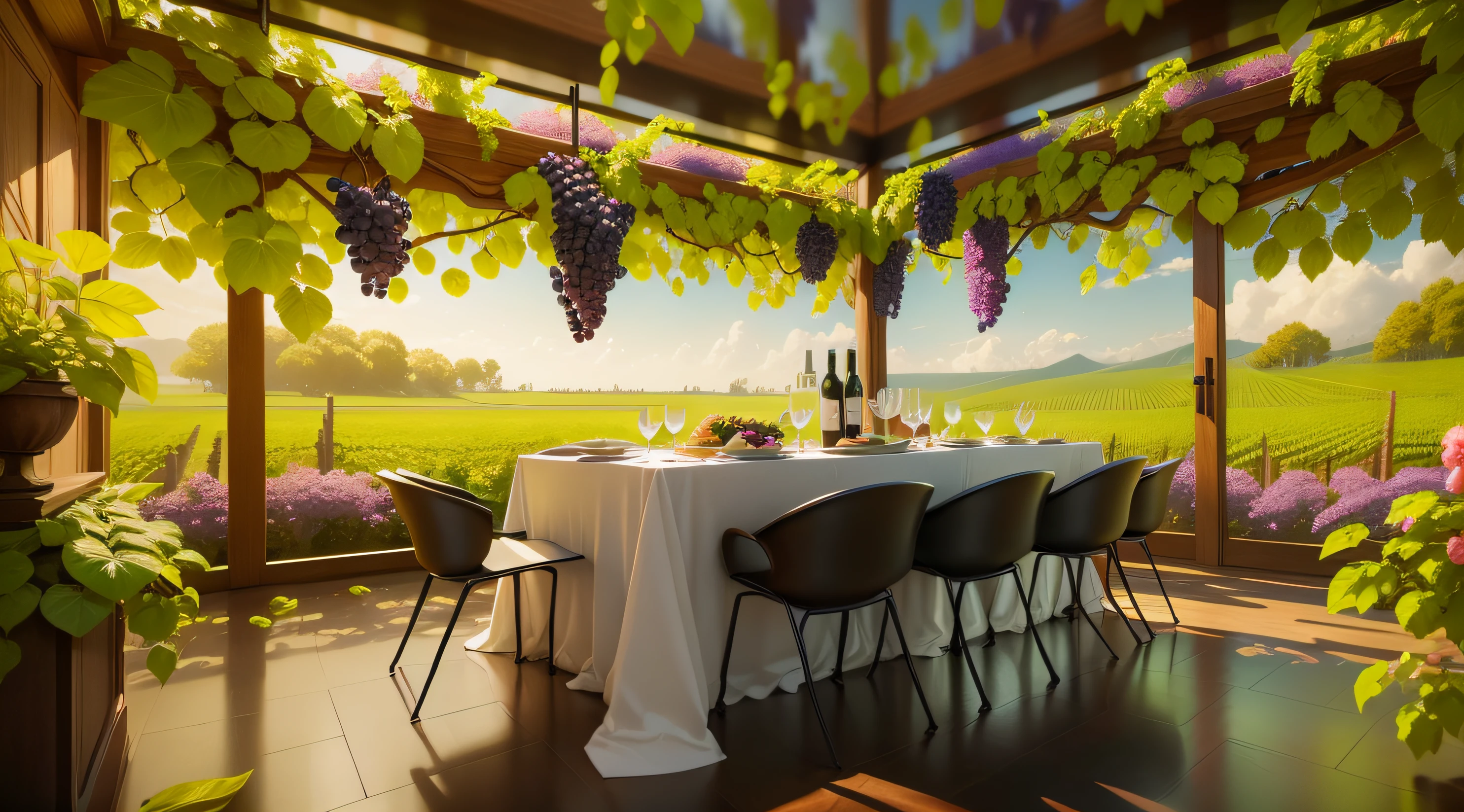 There is a table painting,There is a bunch of grapes on it, Masterpiece works of art, Wine, connected to nature via vines, Rendered in Lumion Pro, Stylized digital illustration, photographic render, Rendered in Lumion, photorender, Realistic fantasy rendering, hyper realisitc, realistic scene, look from down, rendering, virtual metaverse room, A digital rendering