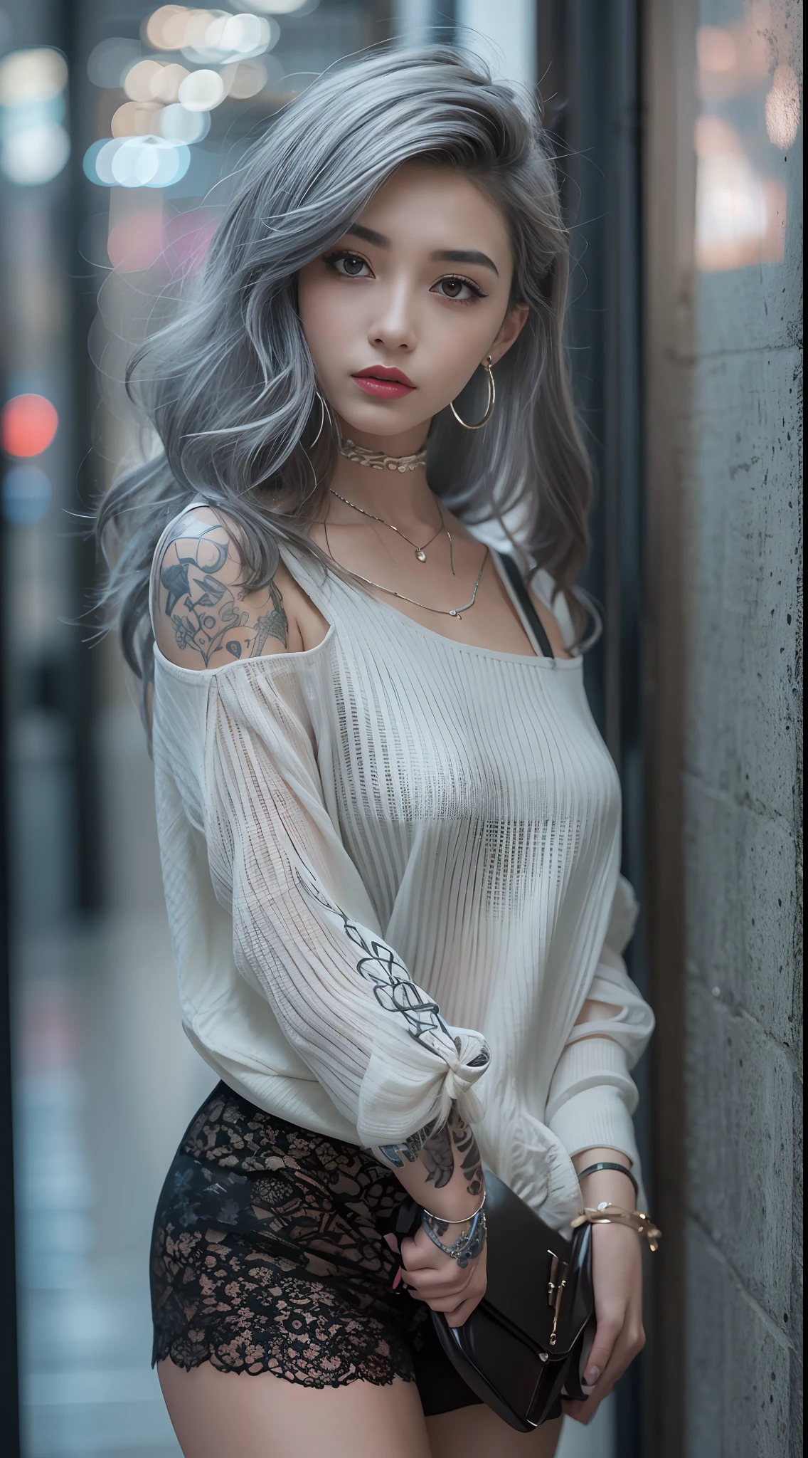 Urban Beautiful Girl College Student,tmasterpiece,Light makeup,Redlip,Silvery hair,Messy long hair,streets background,gracefulness,elegance。ultra fine detailed,Works of masters,Authentic texture,Cinematic lighting realism,perfect works,8k,k hd,Delicate facial features,Tight open-cut top,Sheer tight shorts,Slim figure,big bright eyes,Smooth skin,eardrop,choker necklace,Tattooed with