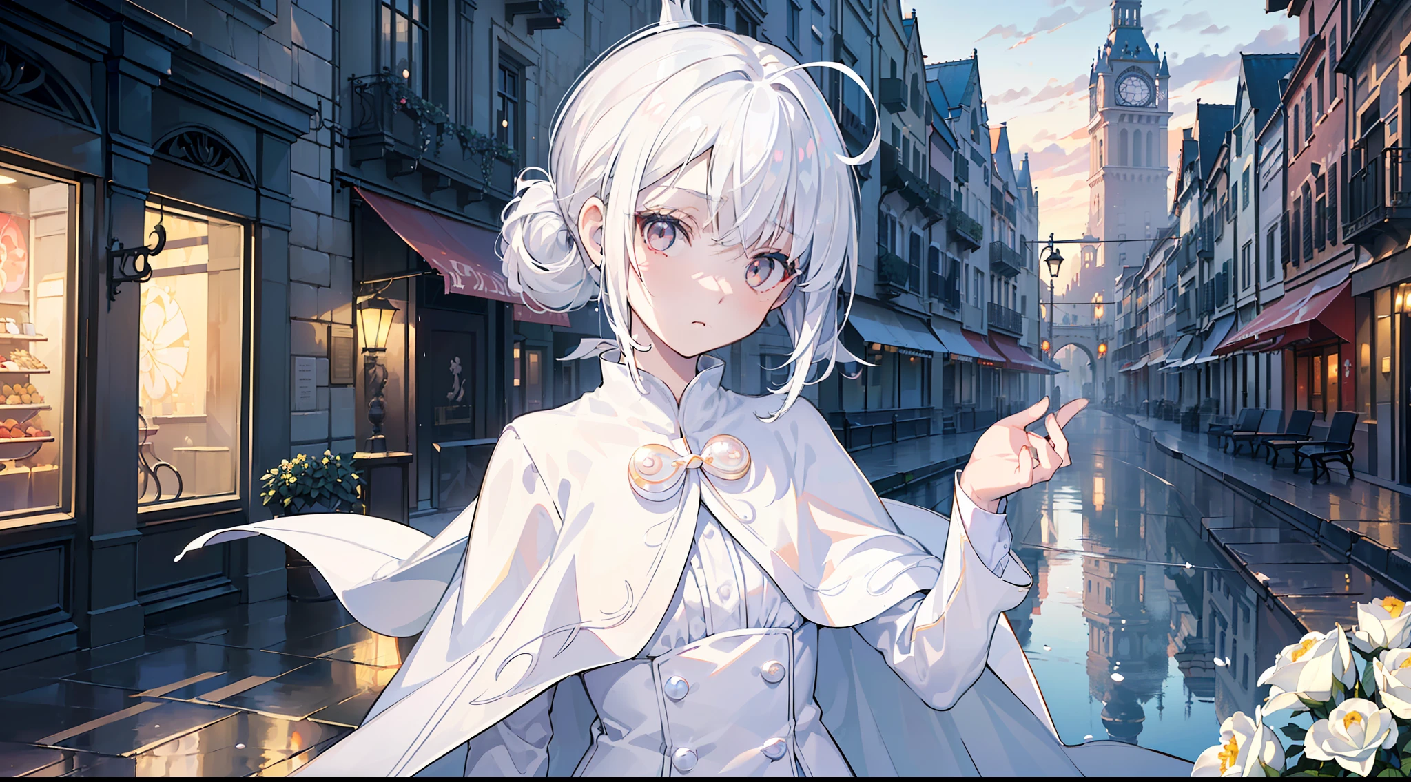 ((masterpiece)),(best quality),(solo),(highres),((extremely detailed CG wallpaper)),(cinematic lighting:1.3),((extremely detailed illustration)),(best shadow),dynamic angle,depth of field,(reflection),(upper body:1.3),

 

((European architecture,Through the streets beyond,The street has shops,shop sign and paintings,balcony,fountain,sidewalk,flower,benches,pot plant,Rainy,dusk,ablaze with lights)),

 

(1girl:1.4),(loli:1.4),(petite:1.3),(kawaii),(bishoujo:1.2),(long white cape:1.2),(bare legs),(pearl white eyes:1.3),(white hair:1.3),smooth hair,black gloves,(delicate clothes),ahoge,(long white ponytail:1.2),(extremely detailed cute face:1.2),(expressionless:1.3),(indifferent:1.2),mute,(beautiful detailed face:1.3),(white kneeboots),(ccjmo:0.85)
